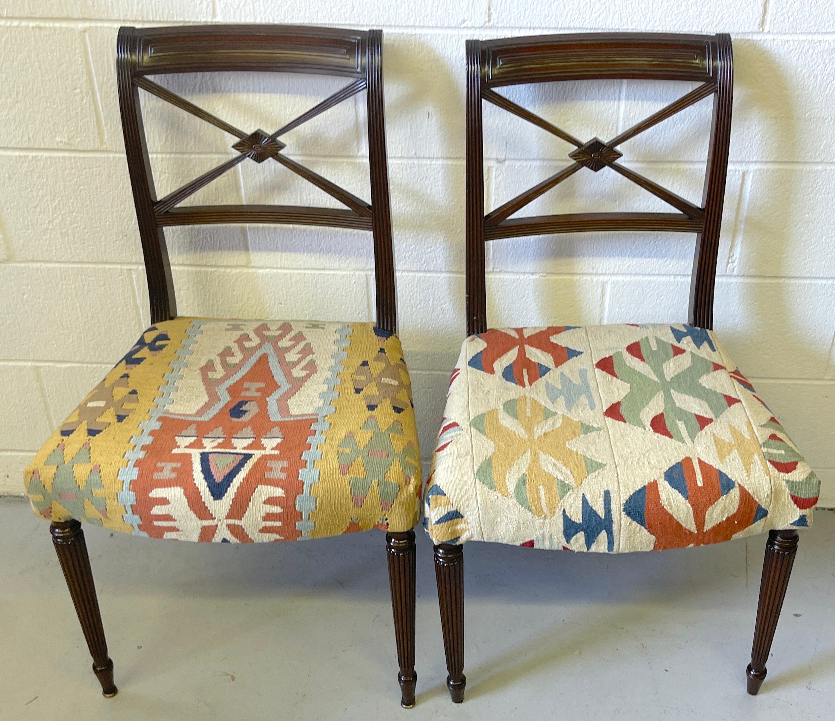 Upholstery Set of 6 English Regency Style Carved Mahogany & Kilim Upholstered Chairs
