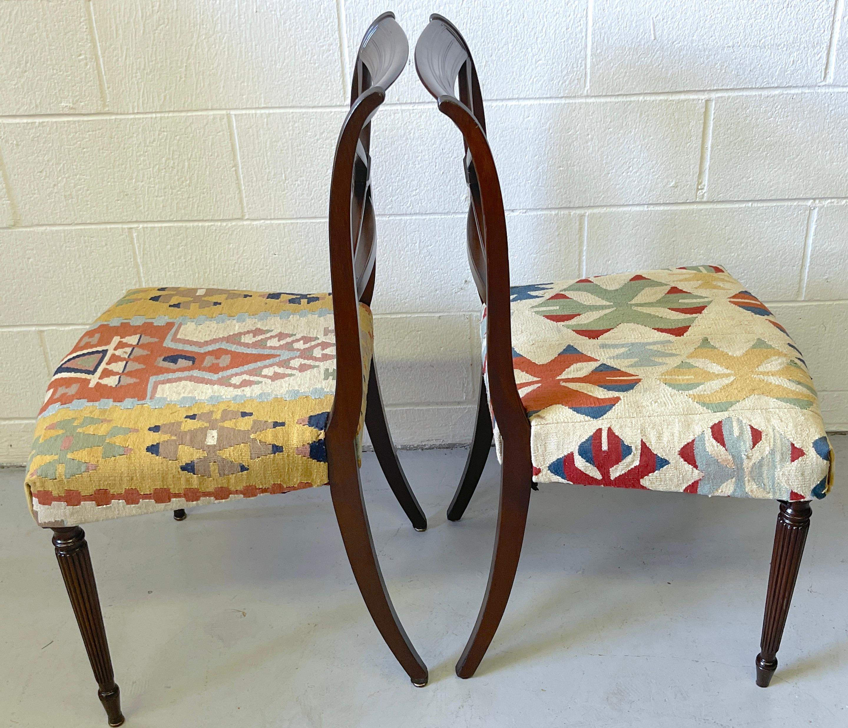Set of 6 English Regency Style Carved Mahogany & Kilim Upholstered Chairs 1