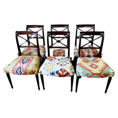 Antique Set of 6 English Regency Style Carved Mahogany & Kilim Upholstered Chairs