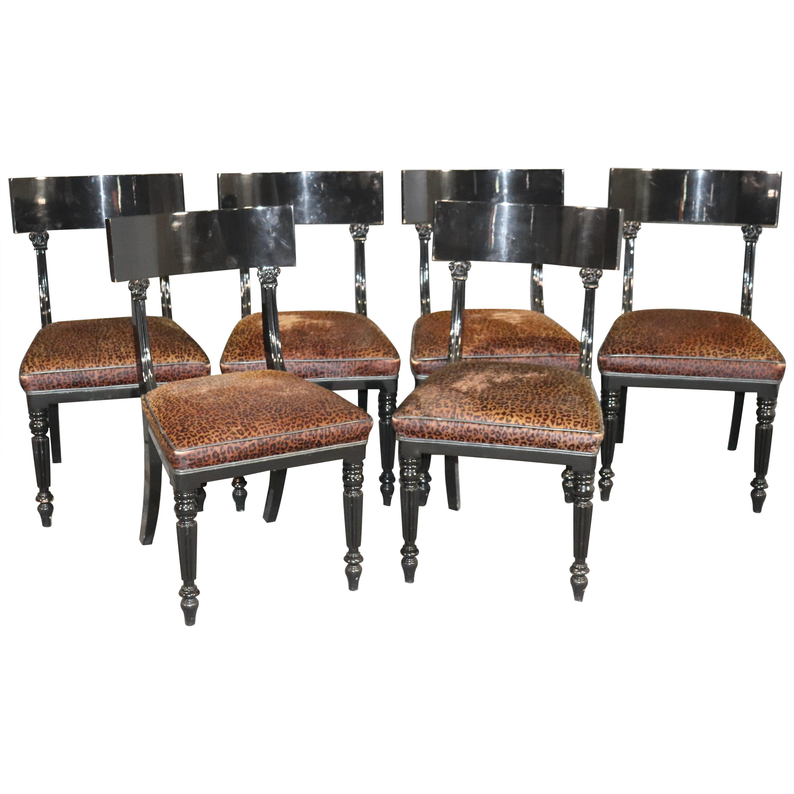 Set of 6 English Regency Style Cheetah Print Dining Side Chairs