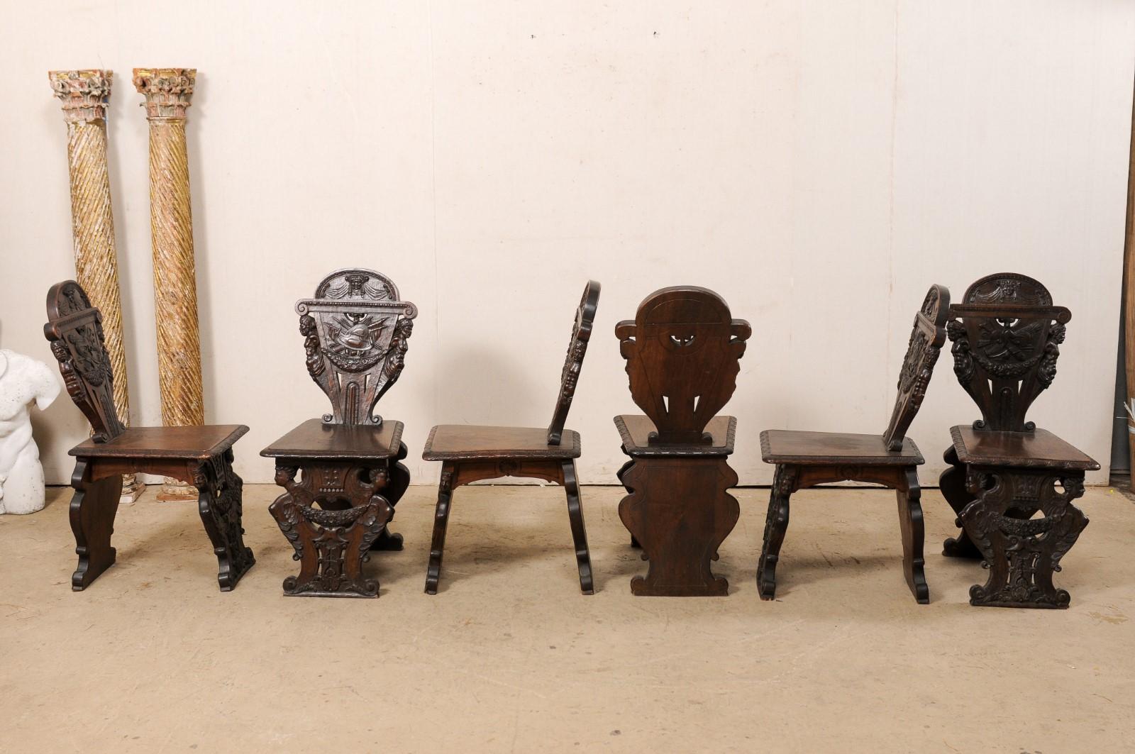 Set of 6 English Renaissance Ornately-Carved Hall Chairs, Turn of 19th & 20th C For Sale 5