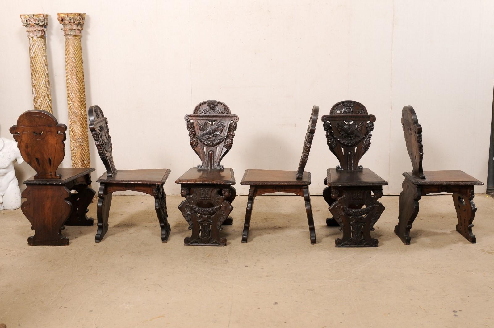 Set of 6 English Renaissance Ornately-Carved Hall Chairs, Turn of 19th & 20th C For Sale 6