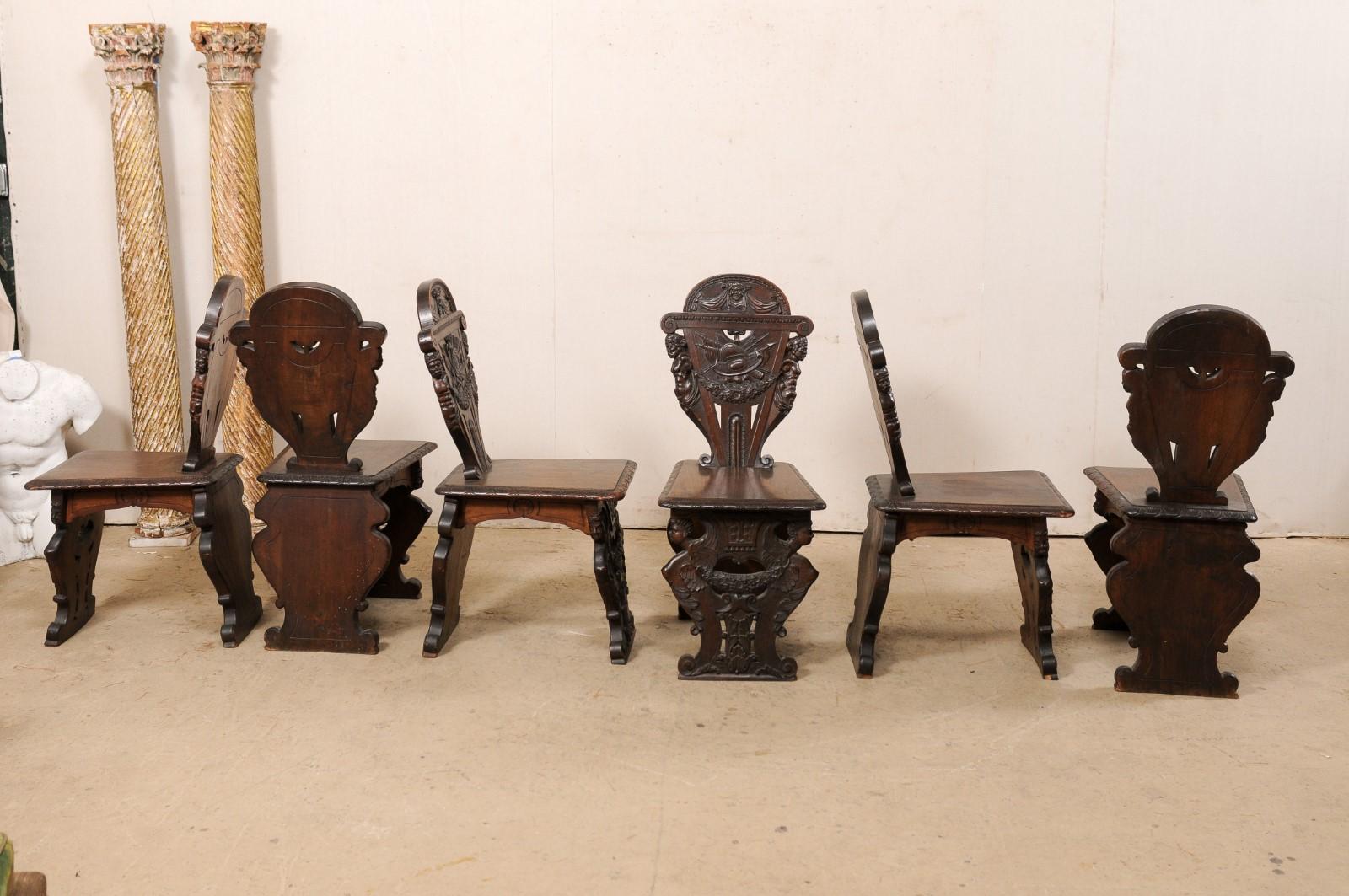 Set of 6 English Renaissance Ornately-Carved Hall Chairs, Turn of 19th & 20th C For Sale 7