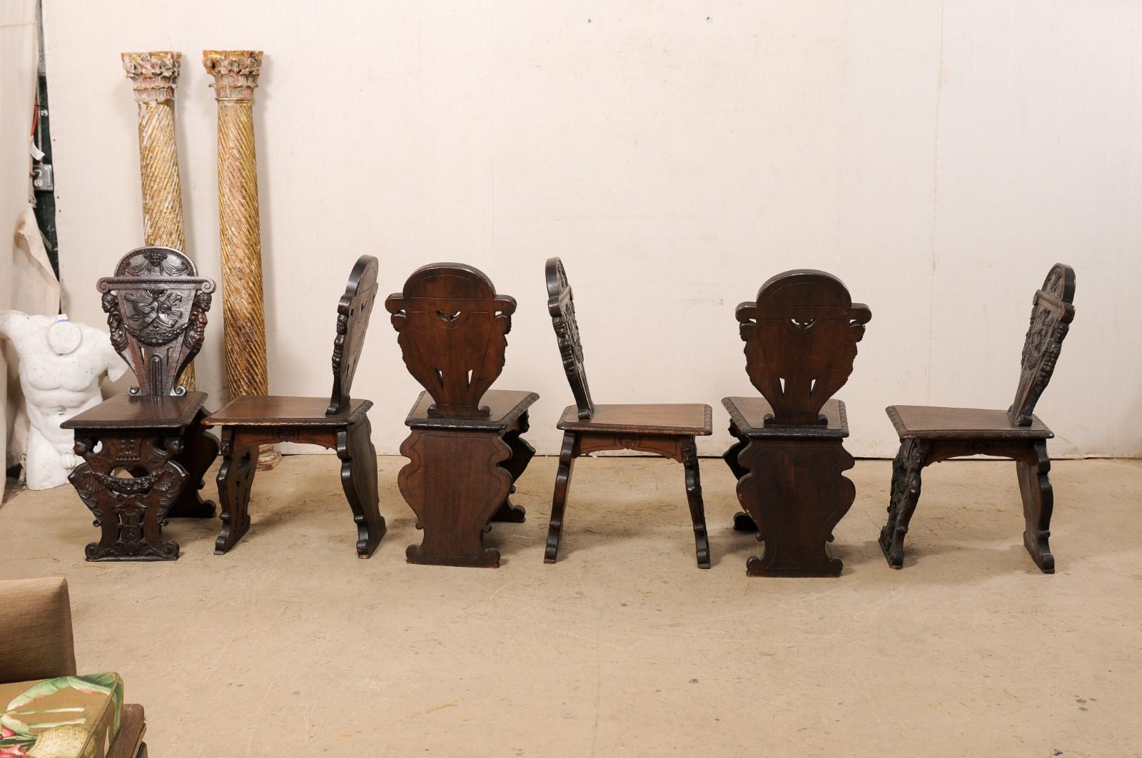 Set of 6 English Renaissance Ornately-Carved Hall Chairs, Turn of 19th & 20th C For Sale 8