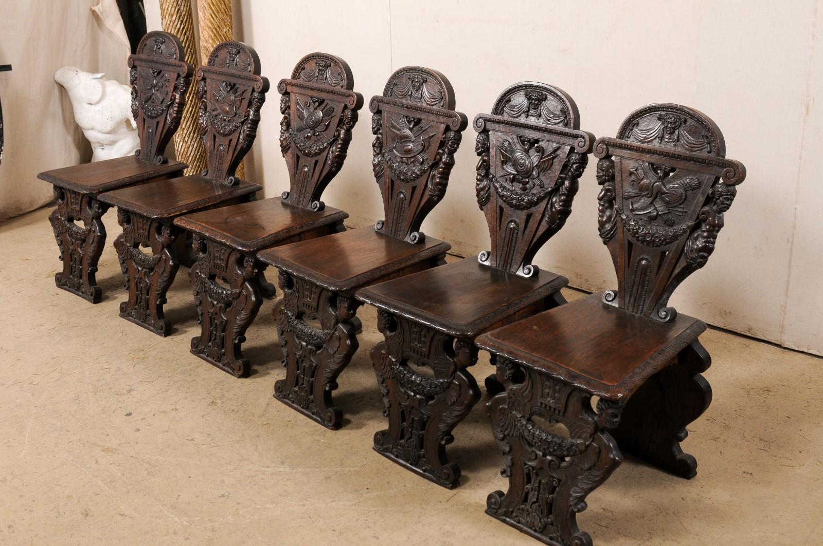 19th Century Set of 6 English Renaissance Ornately-Carved Hall Chairs, Turn of 19th & 20th C For Sale