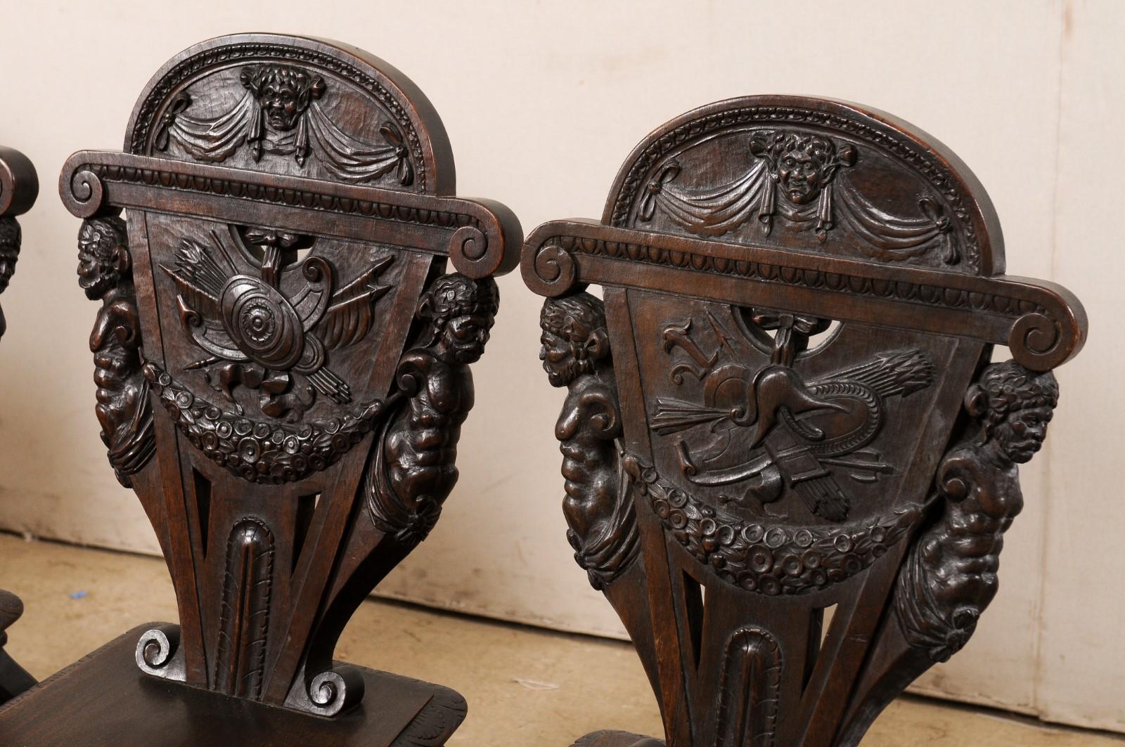 Wood Set of 6 English Renaissance Ornately-Carved Hall Chairs, Turn of 19th & 20th C For Sale
