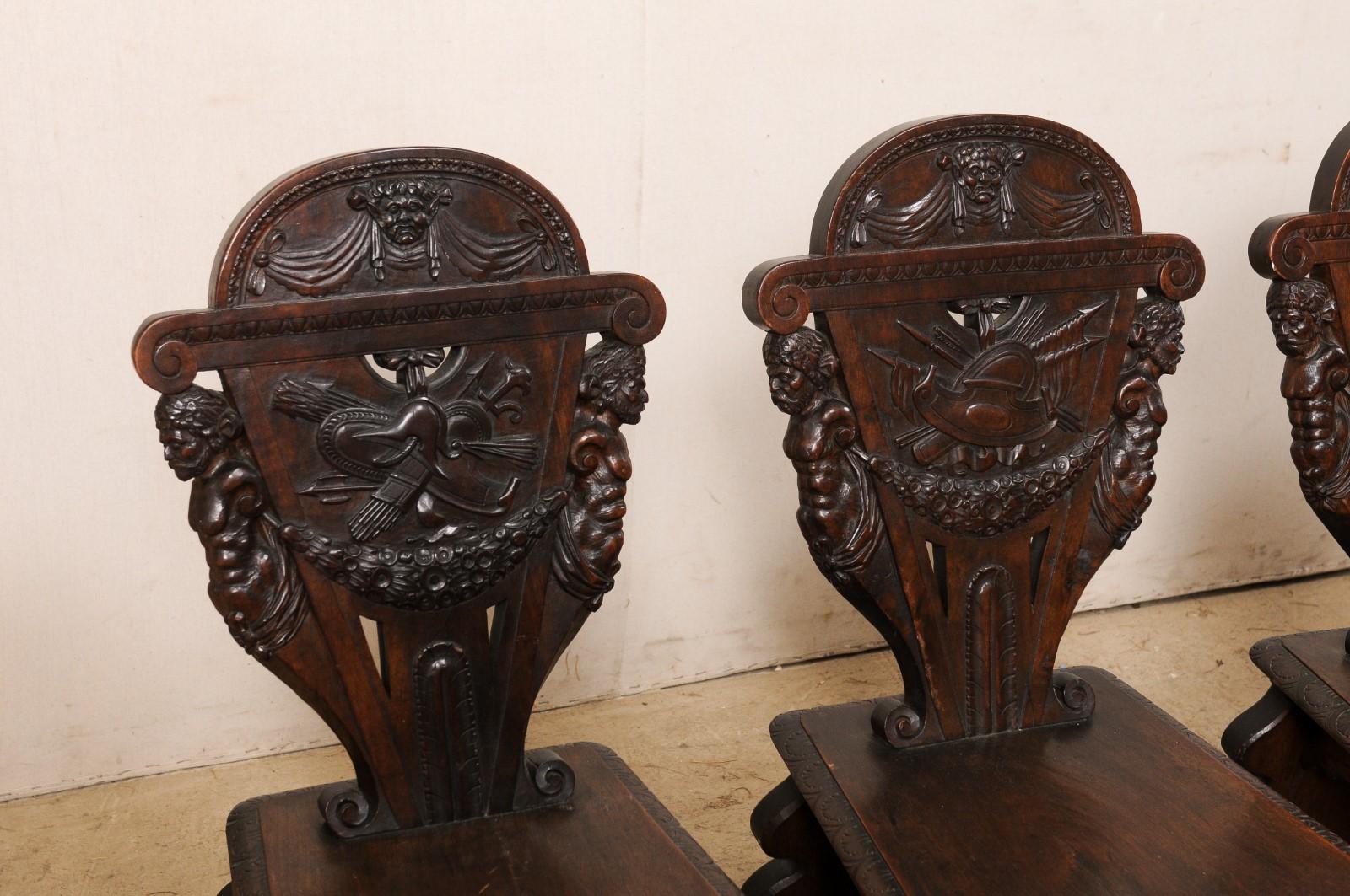 Set of 6 English Renaissance Ornately-Carved Hall Chairs, Turn of 19th & 20th C For Sale 2