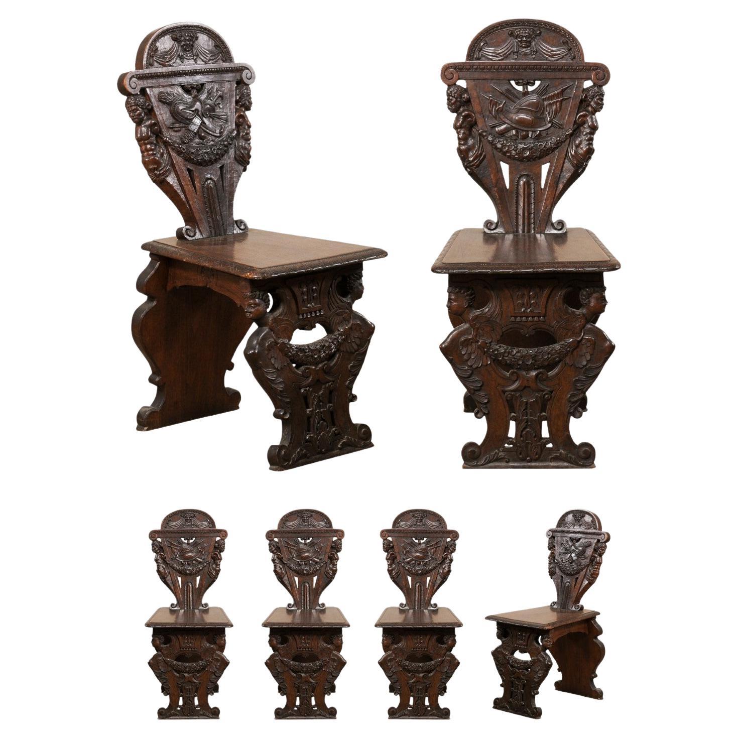 Set of 6 English Renaissance Ornately-Carved Hall Chairs, Turn of 19th & 20th C