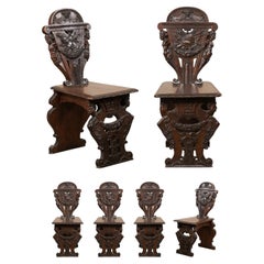 Set of 6 English Renaissance Ornately-Carved Hall Chairs, Turn of 19th & 20th C