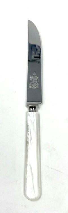 Set of 6 English Stainless Steel & Bakelite Mother of Pearl Steak Knives in Box.