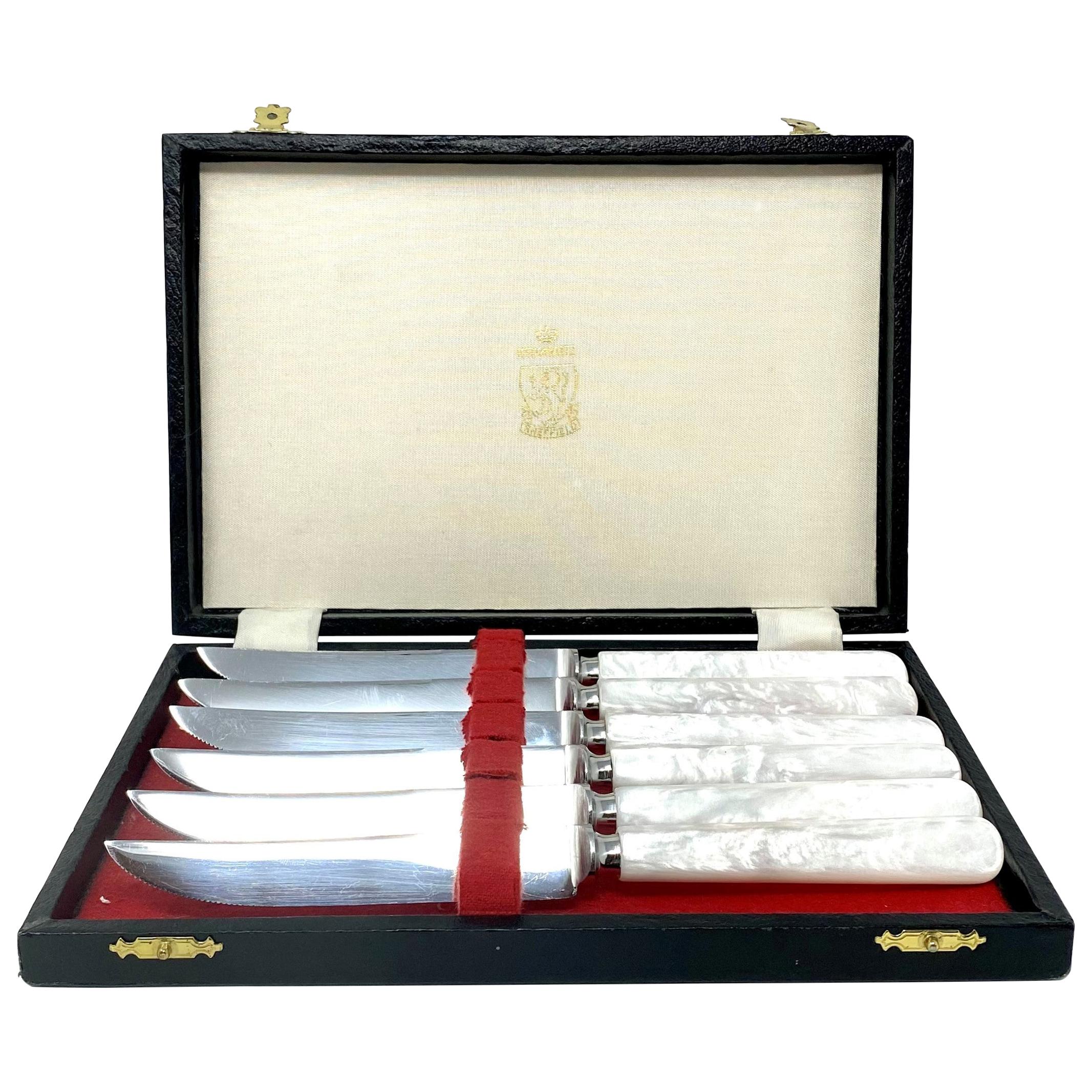 Set of 6 English Stainless Steel & Bakelite Mother of Pearl Steak Knives in Box.
