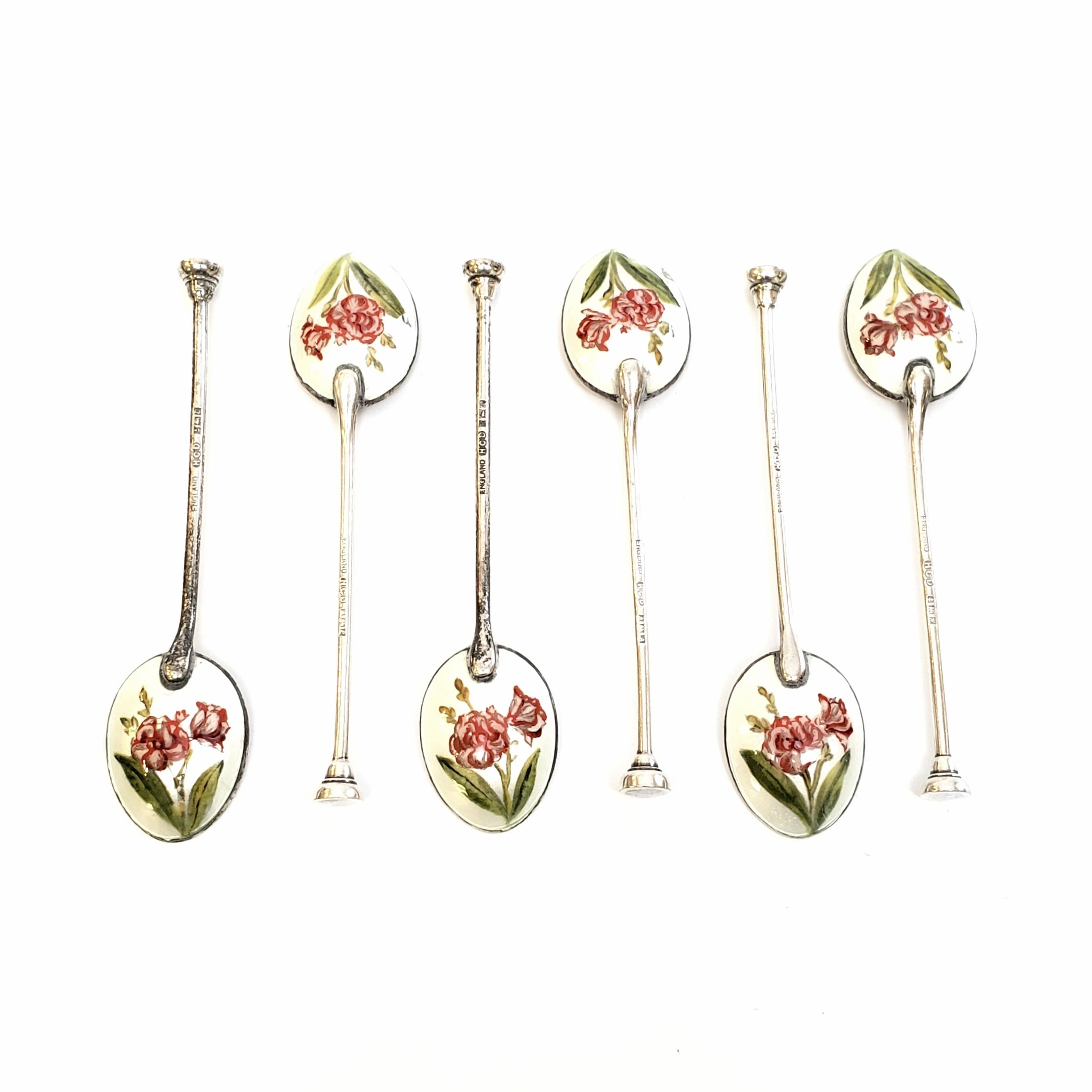 Set of 6 English Sterling Silver Flower Enamel Demitasse Spoons 1