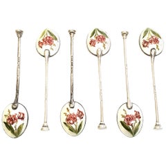 Set of 6 English Sterling Silver Flower Enamel Demitasse Spoons