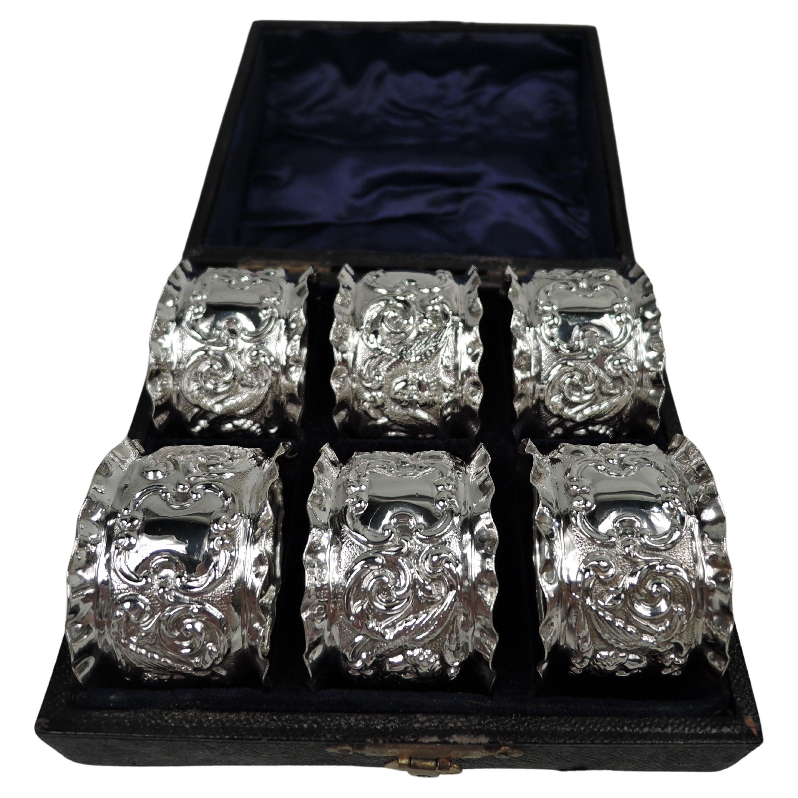 Set of 6 English Victorian Classical Sterling Silver Napkin Rings