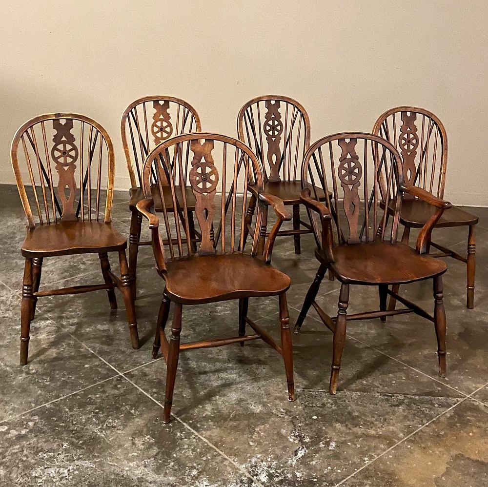 Set of 6 English windsor dining chairs includes 2 armchairs are a classic design that dates back two centuries, and features a lightweight design thanks to the spindles that comprise the seat back connecting the elliptical form reinforced with a