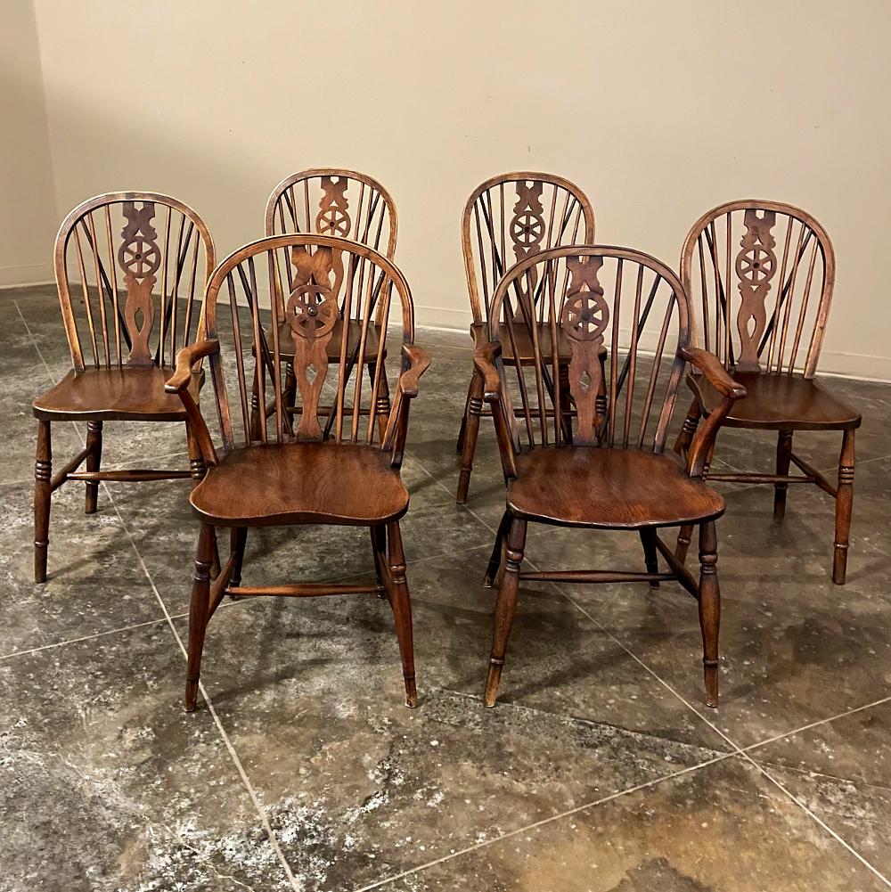 British Colonial Set of 6 English Windsor Dining Chairs Includes 2 Armchairs