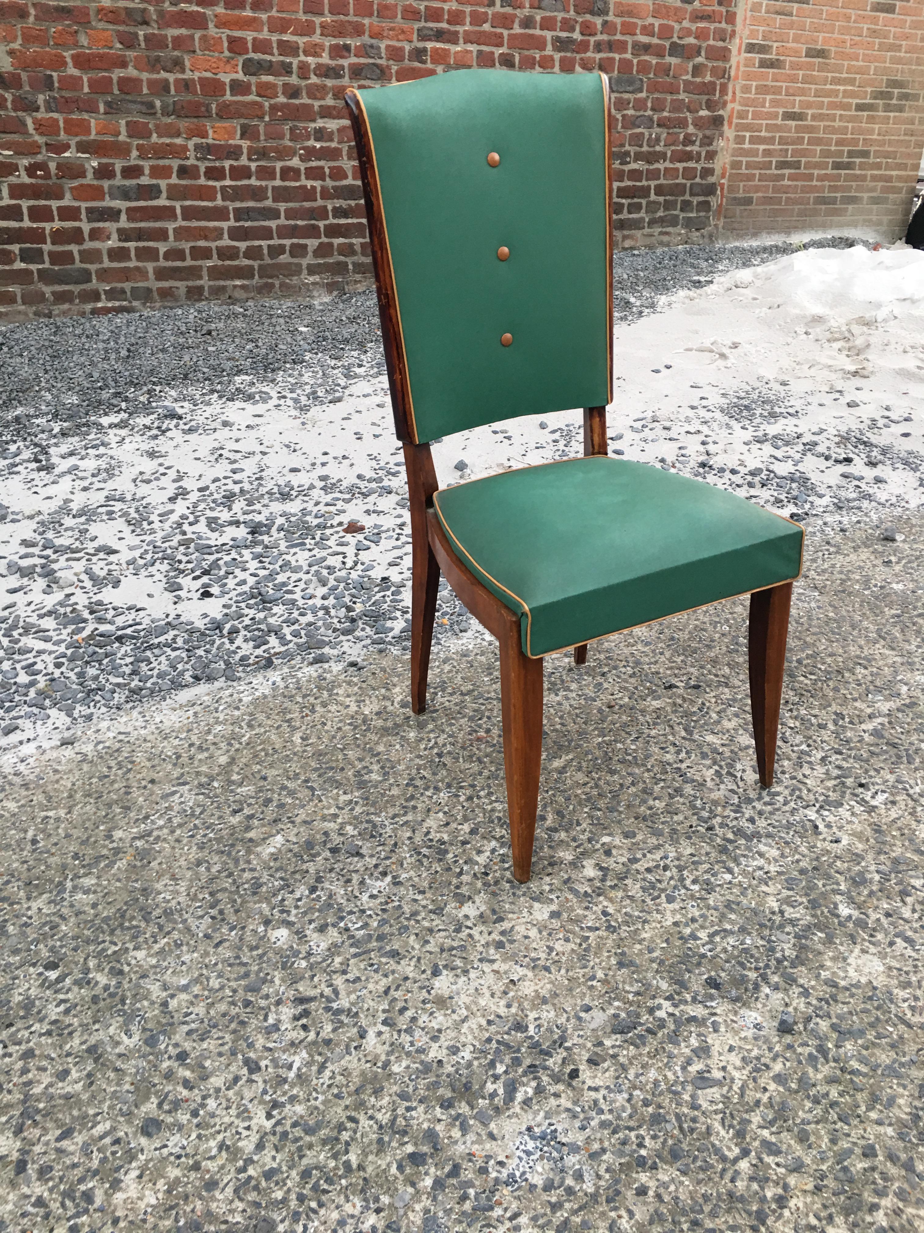 French Set of 6 Époque Art Deco Chairs, Stained Beech and Faux Leather For Sale