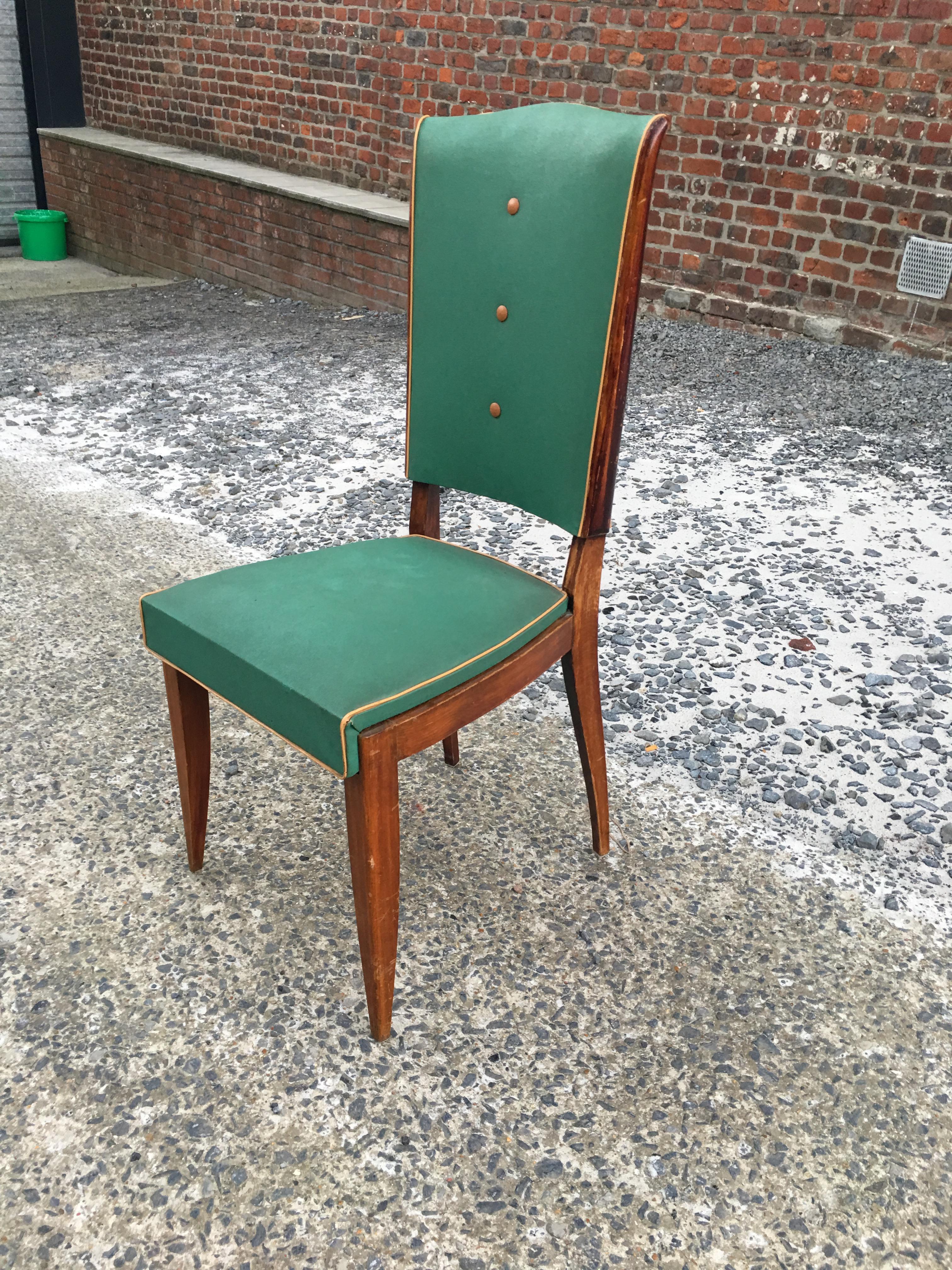Mid-20th Century Set of 6 Époque Art Deco Chairs, Stained Beech and Faux Leather For Sale