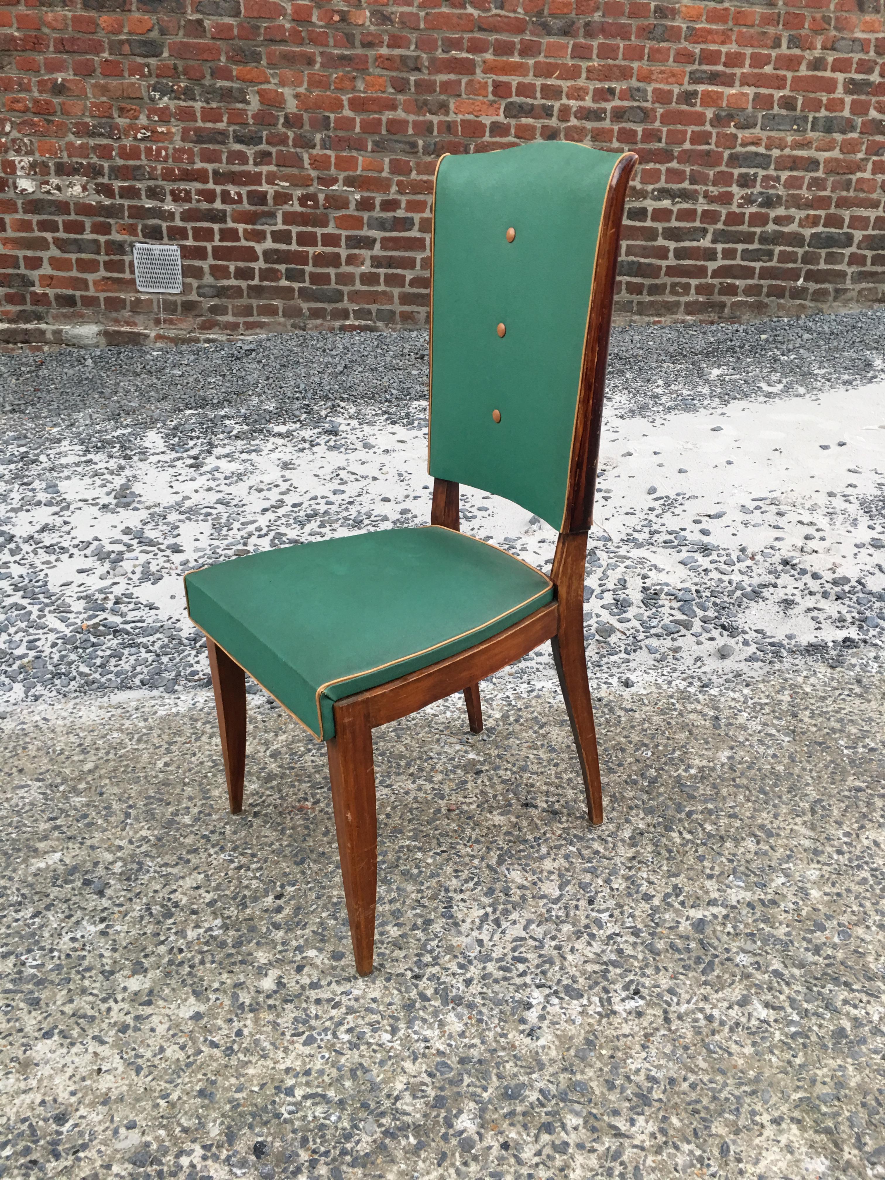 Set of 6 Époque Art Deco Chairs, Stained Beech and Faux Leather For Sale 2