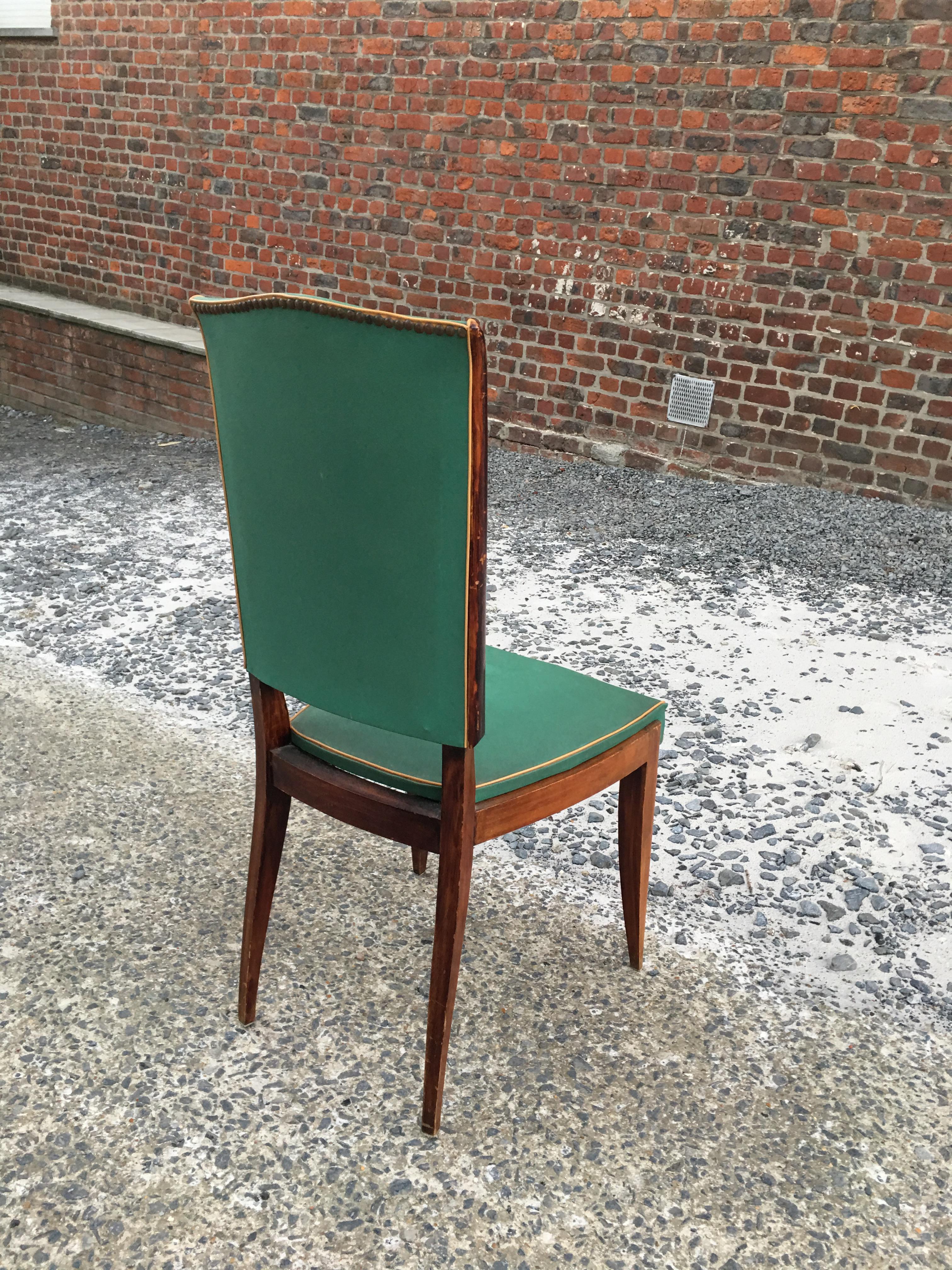 Set of 6 Époque Art Deco Chairs, Stained Beech and Faux Leather For Sale 4