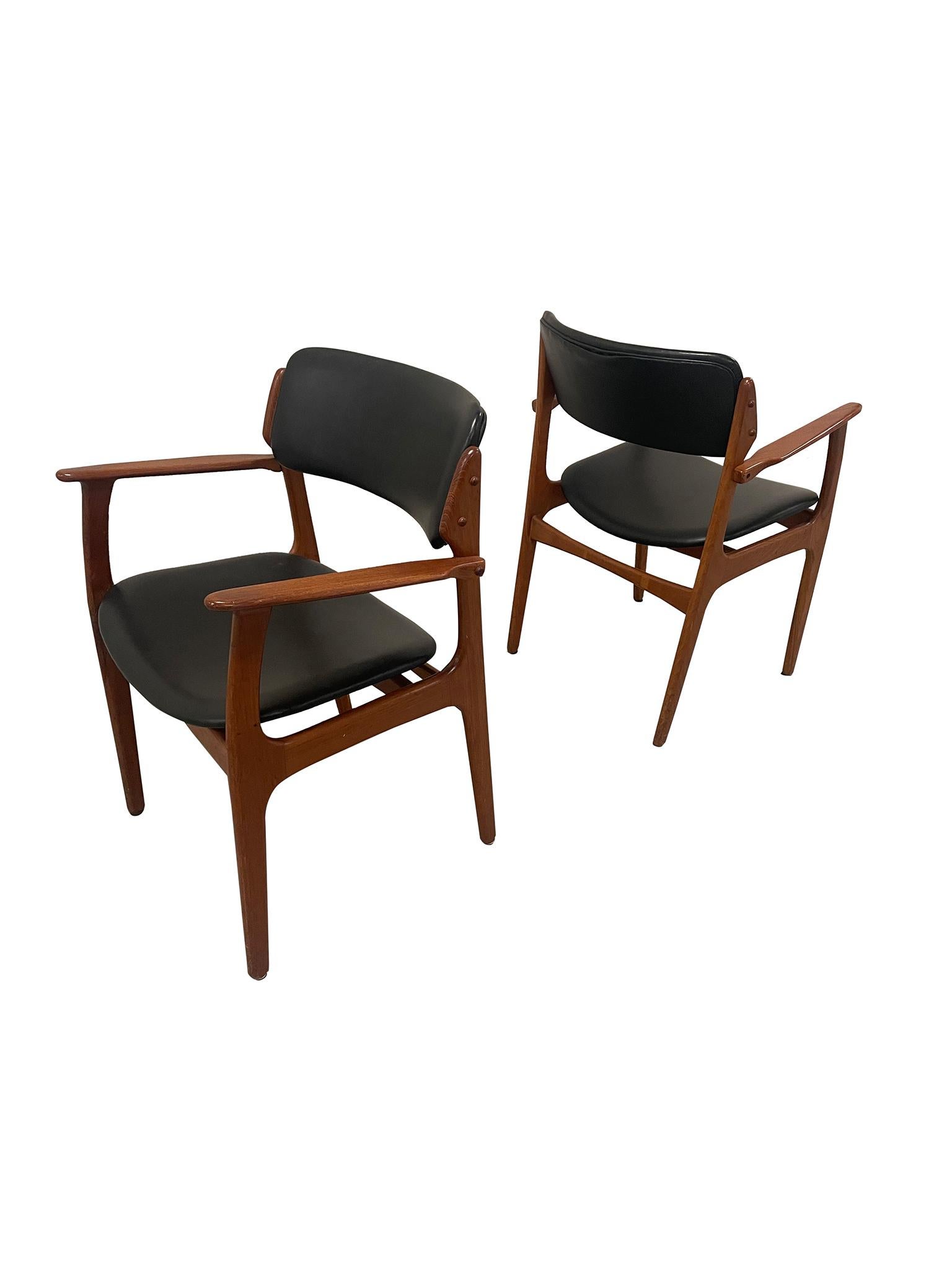 Amazing set of six Danish Modern dining armchairs by Erik Buch. Designed by Buck for  Oddense MaskinsnedkerI or OD Møbler, these armchairs are a fantastic example of Mid-century Danish design and craftsmanship. In their original state, these chairs