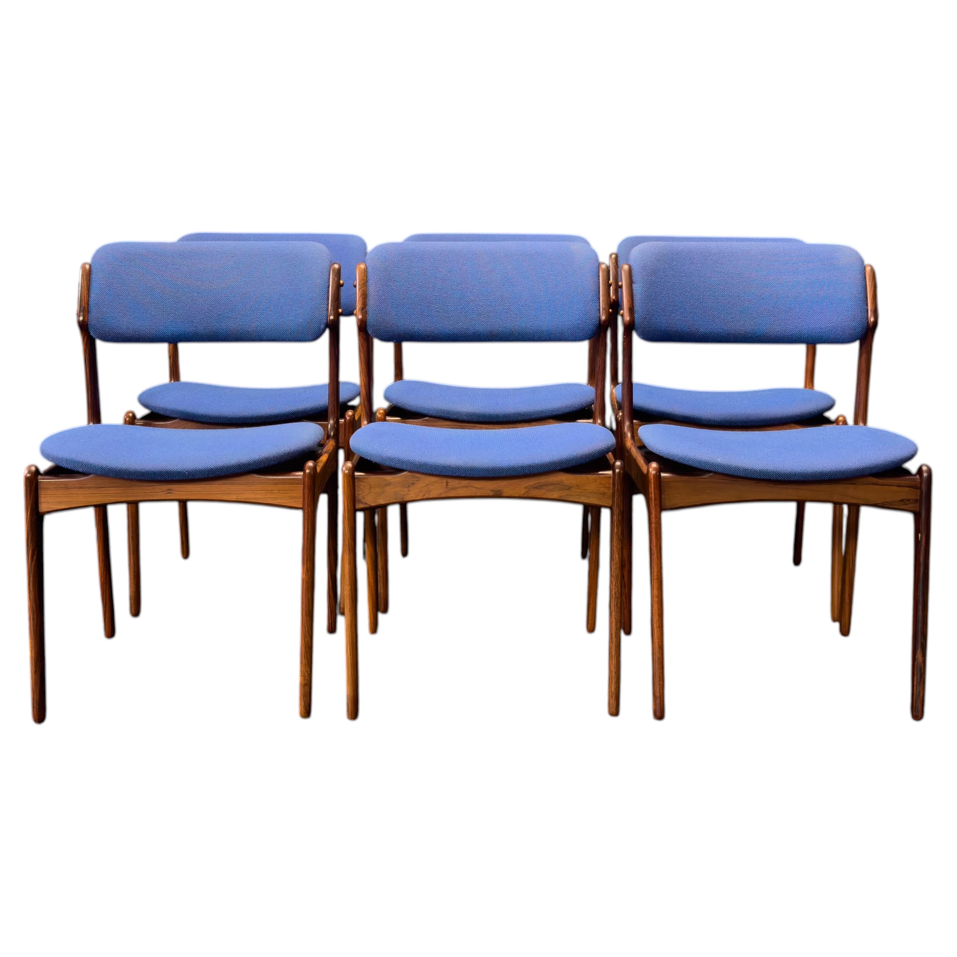 Set of 6 Erik Buch Model 49 Blue Upholstered Dining Chairs For Sale