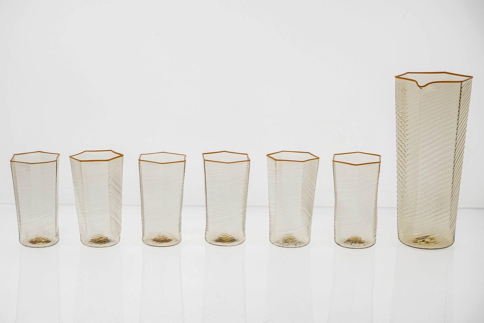 Set of 6 Esagonali Tumblers and Pitcher. Murano Glass Rigadin Fumè, Mustard bead 5