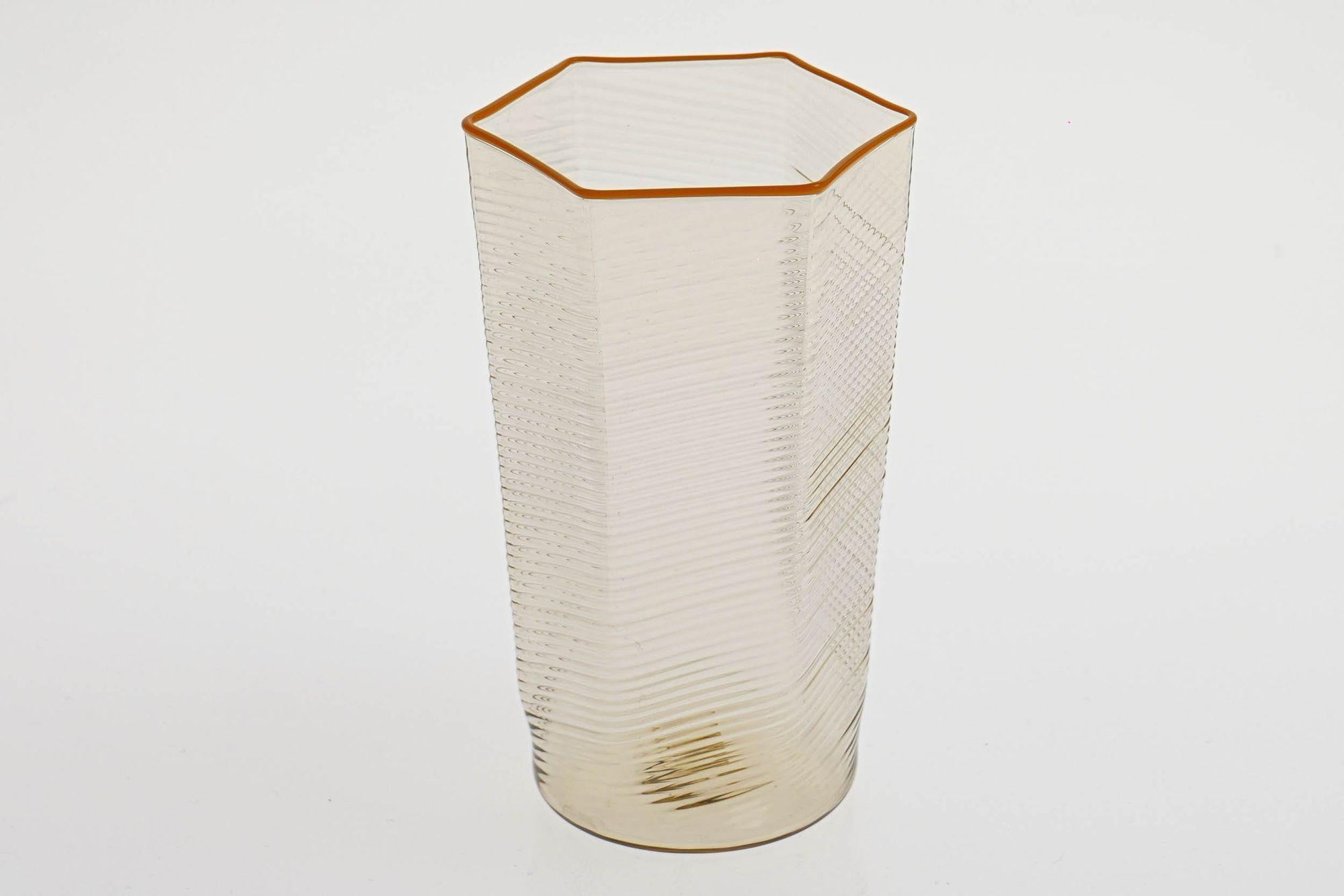 Set of 6 Esagonali Tumblers and Pitcher. Murano Glass Rigadin Fumè, Mustard bead 6