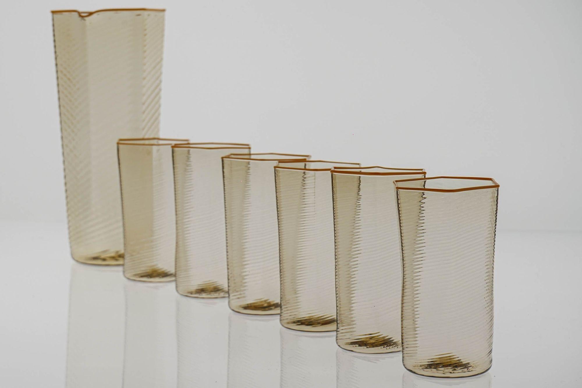 Set of 6 Esagonali Tumblers and Pitcher. Murano Glass Rigadin Fumè, Mustard bead 10