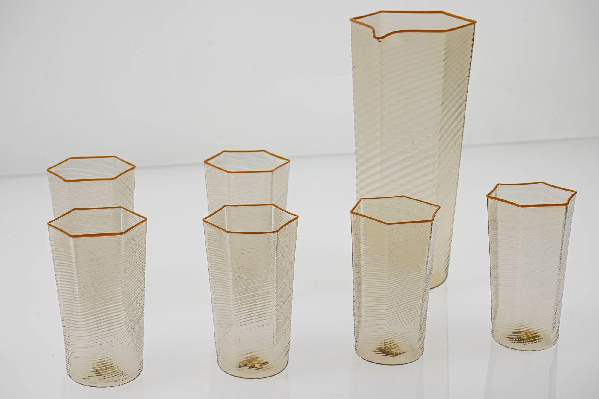 Set of 6 Esagonali Tumblers and Pitcher. Murano Glass Rigadin Fumè, Mustard bead 11