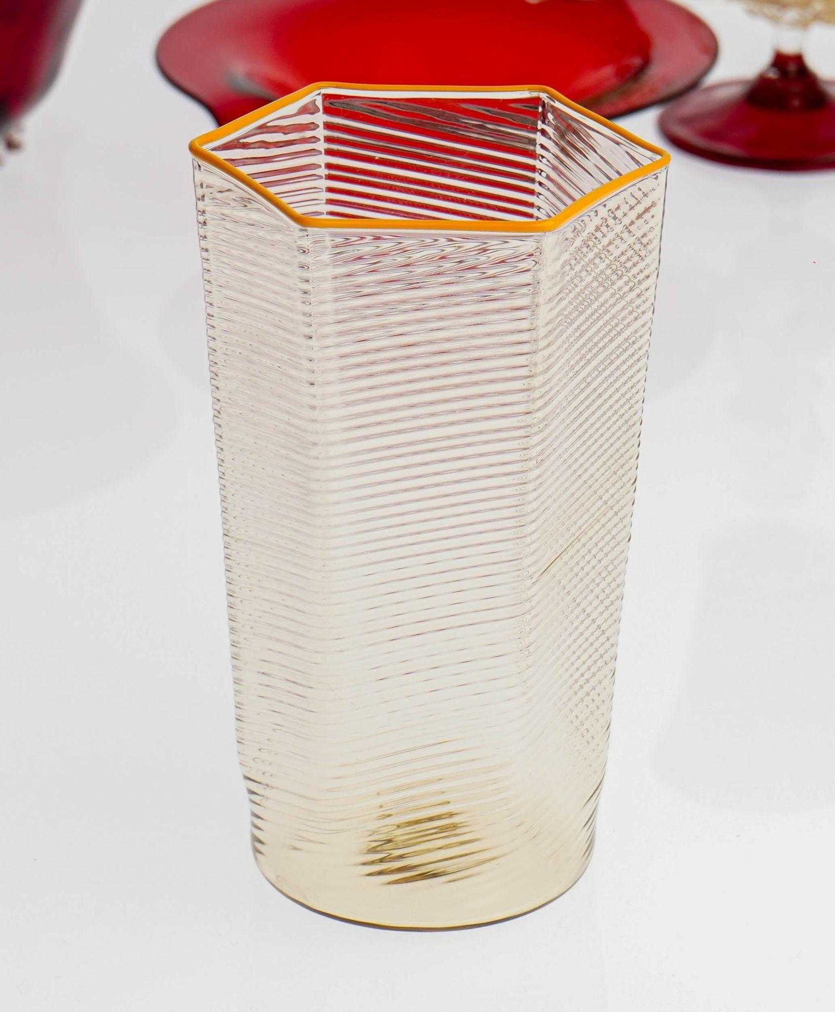 Set of 6 Esagonali Tumblers and Pitcher. Murano Glass Rigadin Fumè, Mustard bead 13