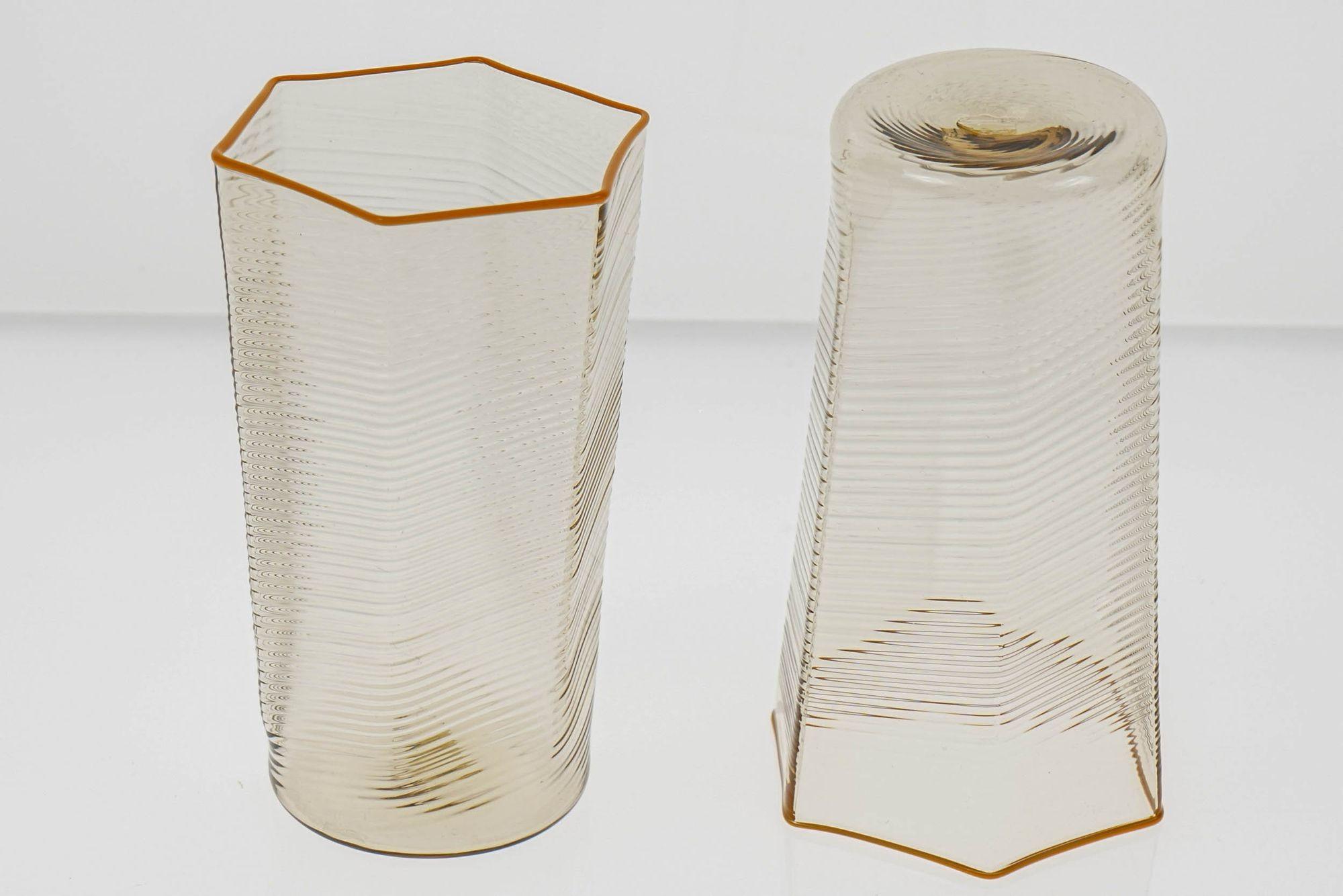 Set of 6 Esagonali Tumblers and Pitcher. Murano Glass Rigadin Fumè, Mustard bead 3