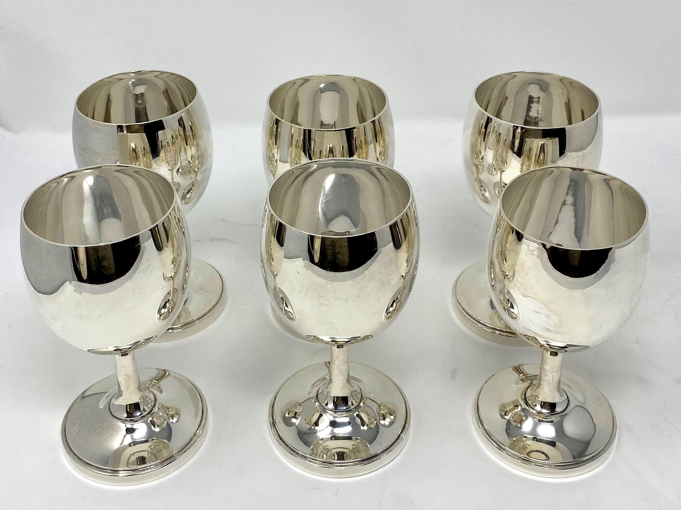Set of 6 Estate American sterling silver wine or cordial glasses, Circa 1930's.