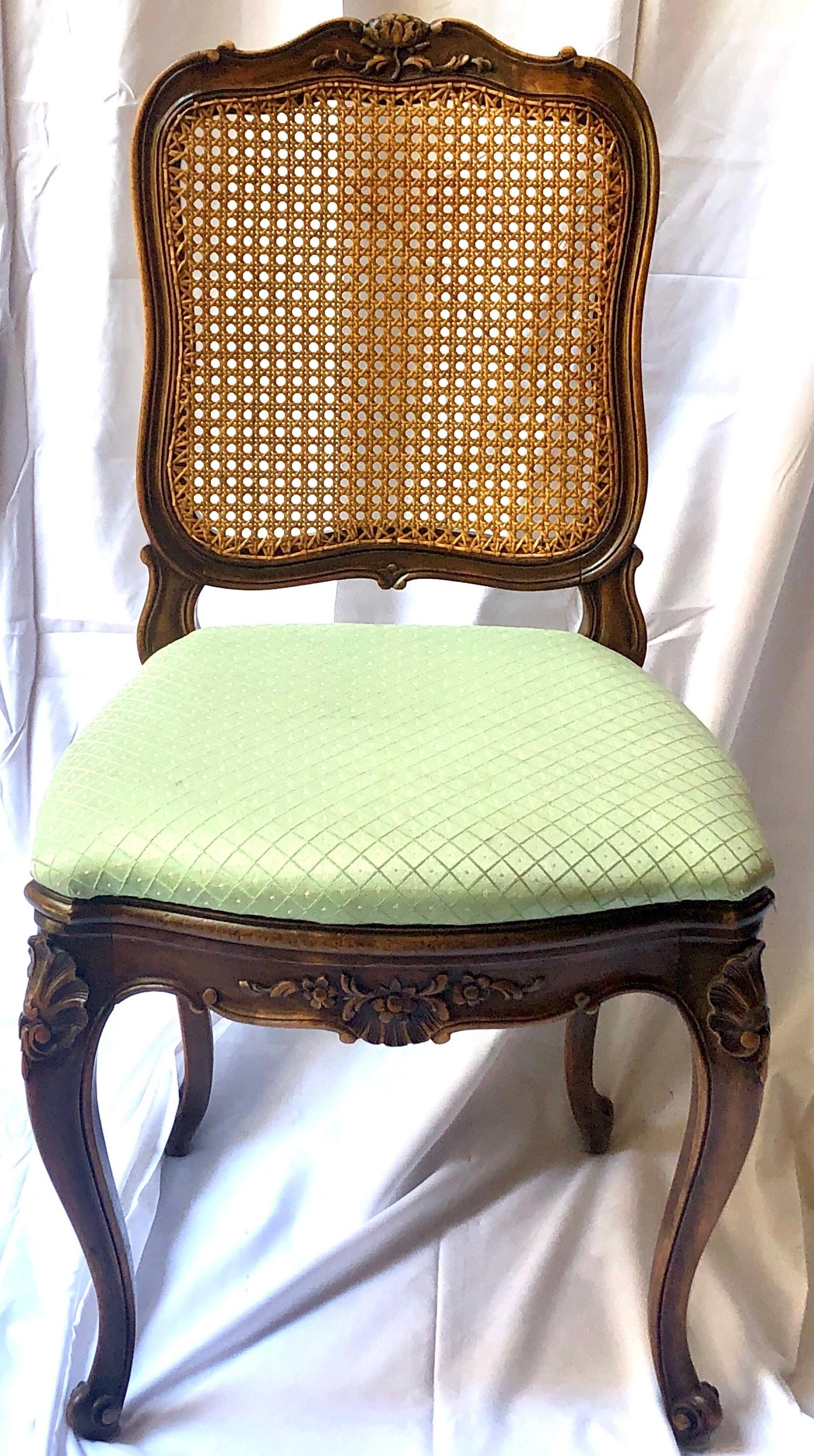 20th Century Set of 6 Estate French Hand-Carved Walnut and Cane-Back Dining Chairs Circa 1940