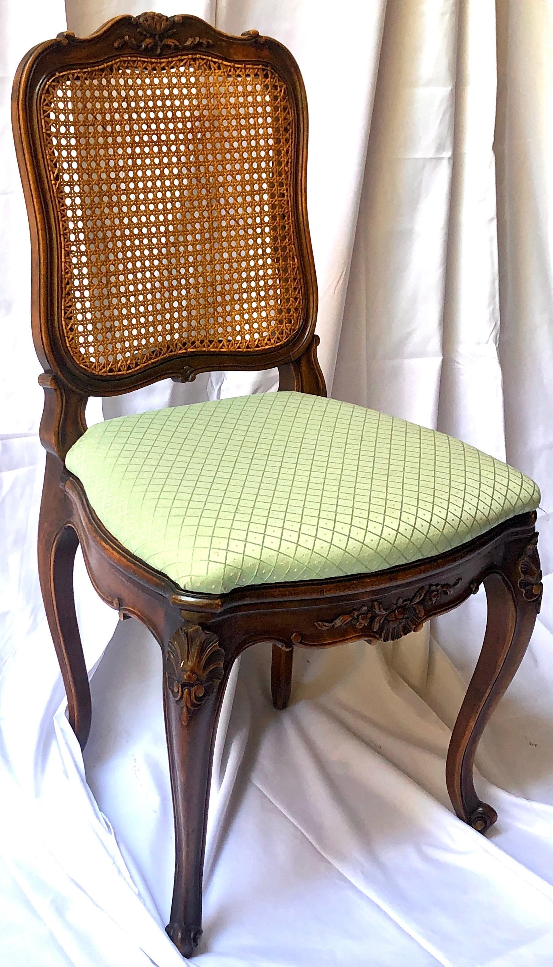 Set of 6 Estate French Hand-Carved Walnut and Cane-Back Dining Chairs Circa 1940 2