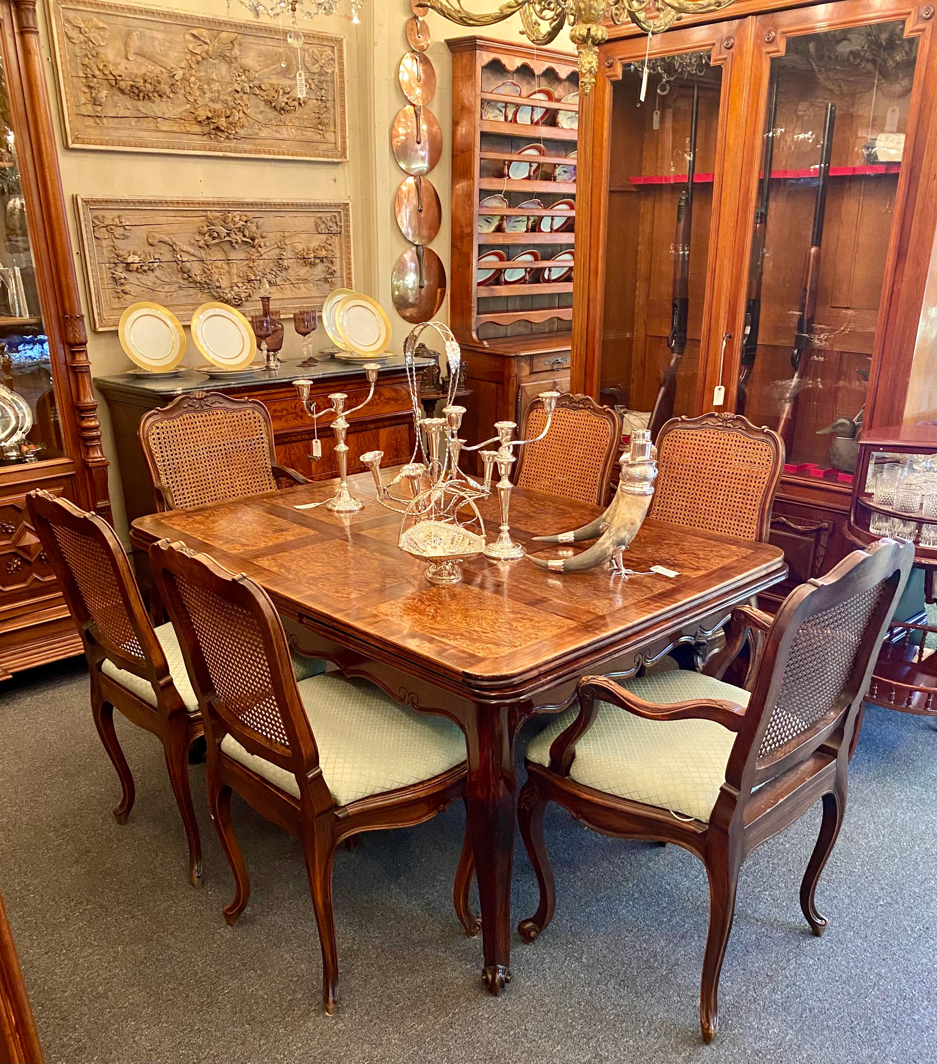 Set of 6 Estate French Hand-Carved Walnut and Cane-Back Dining Chairs Circa 1940 3