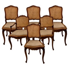 Antique Set of 6 Estate French Hand-Carved Walnut and Cane-Back Dining Chairs Circa 1940