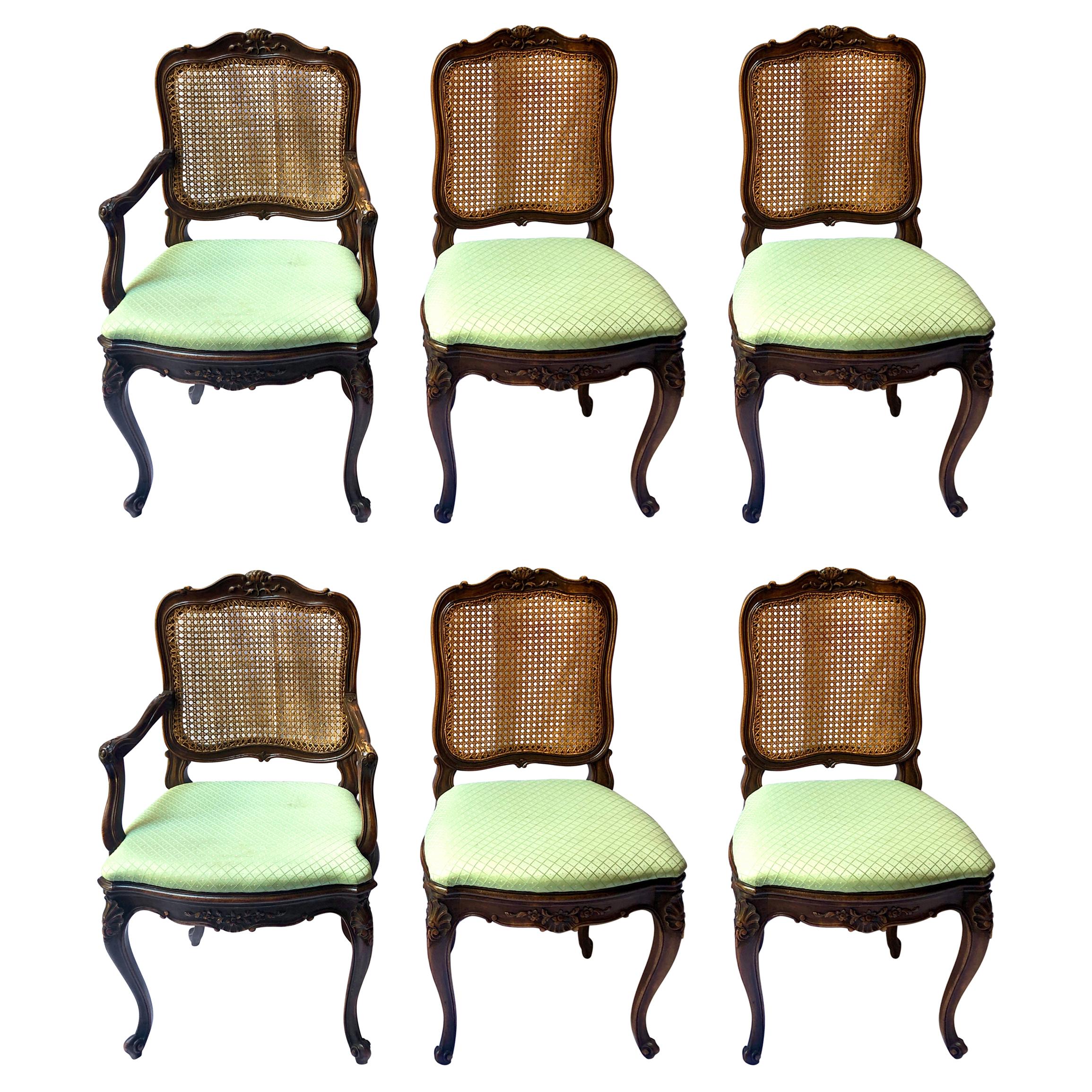 Set of 6 Estate French HandCarved Walnut and CaneBack Dining Chairs