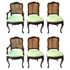 Set of 6 Estate French Hand-Carved Walnut and Cane-Back Dining Chairs Circa 1940
