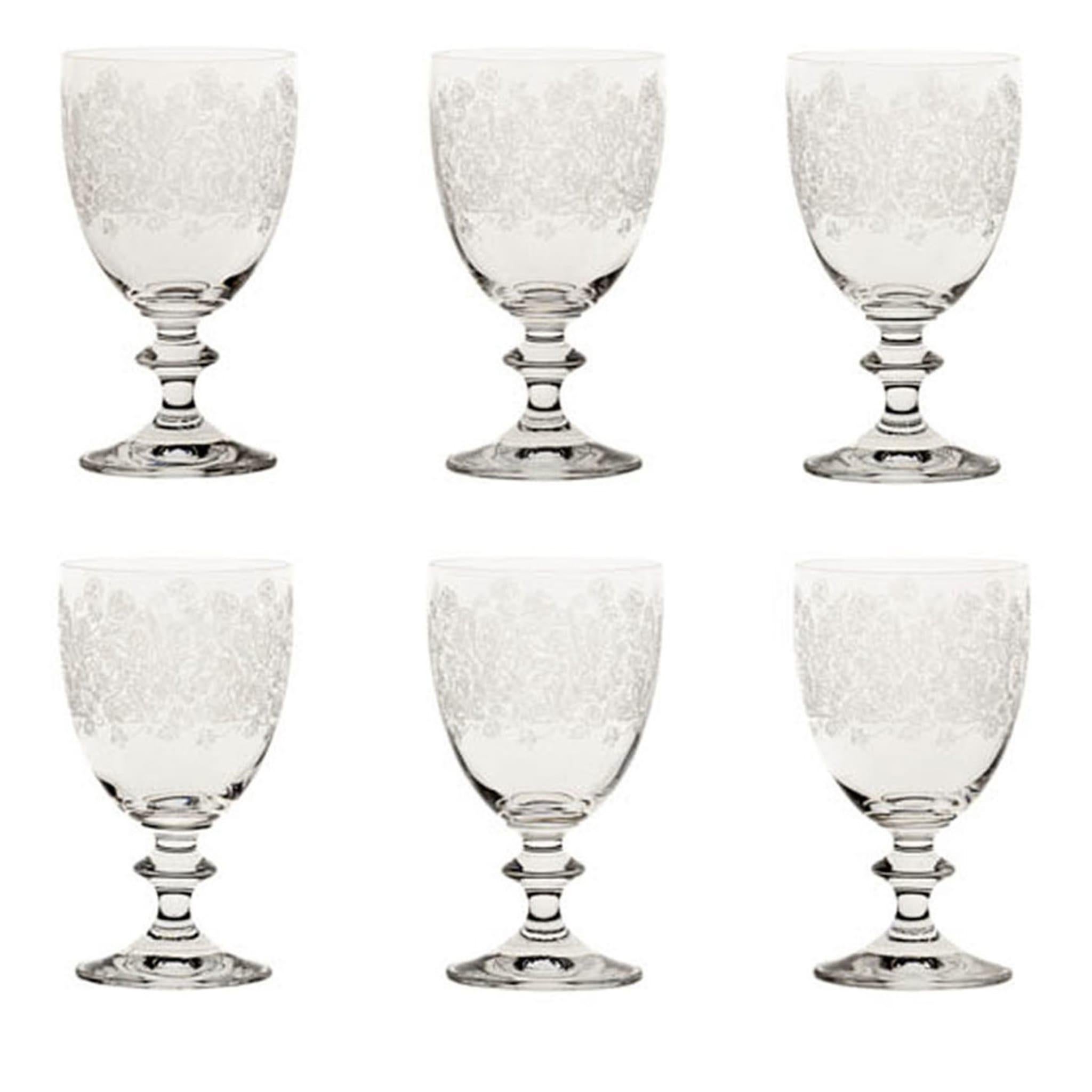 This set of 6 water glasses are simple yet elegant in their construction and they feature a striking decoration on their exterior achieved through pantography.