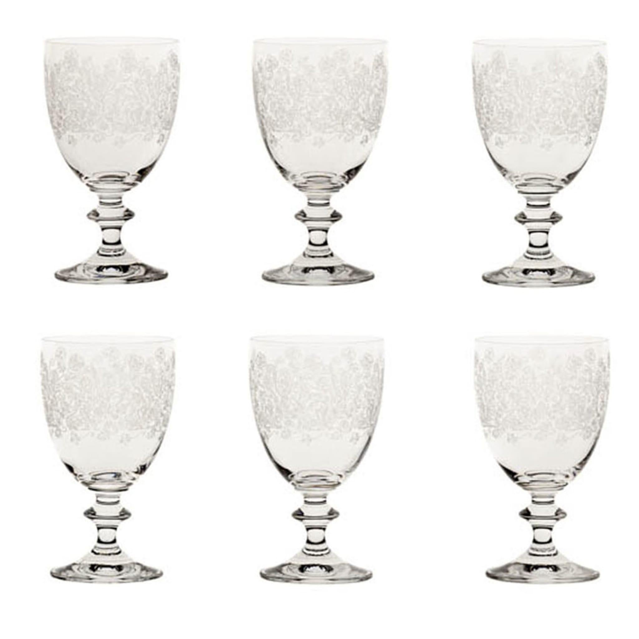The pantographic etching decoration on these 6 wine glasses adds a touch of elegance to this exquisitely crafted set.