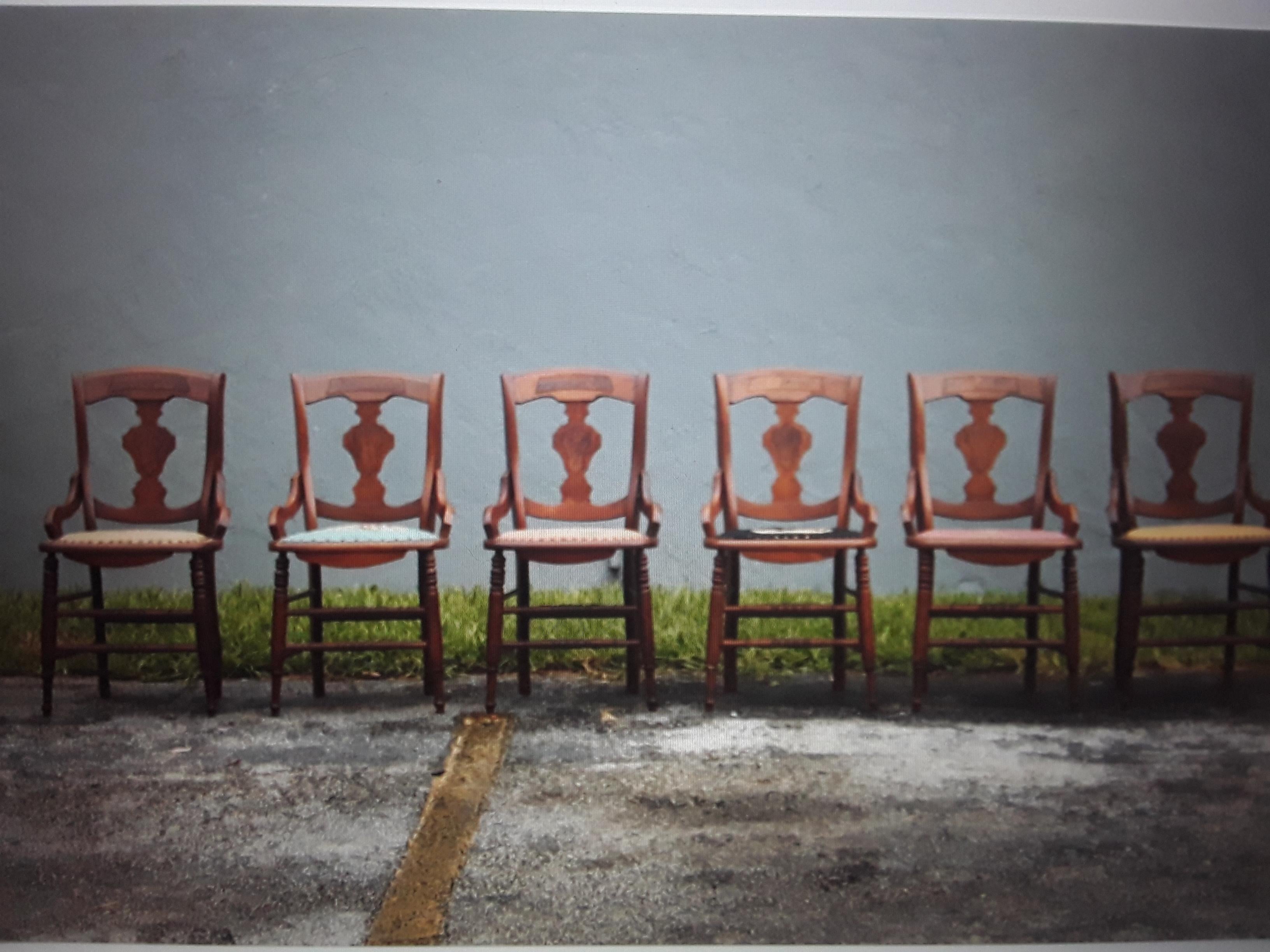 Ensemble de 6 chaises de salle à manger en broussin amboyne exotique incrusté avec siège cousu à la main en vente 5
