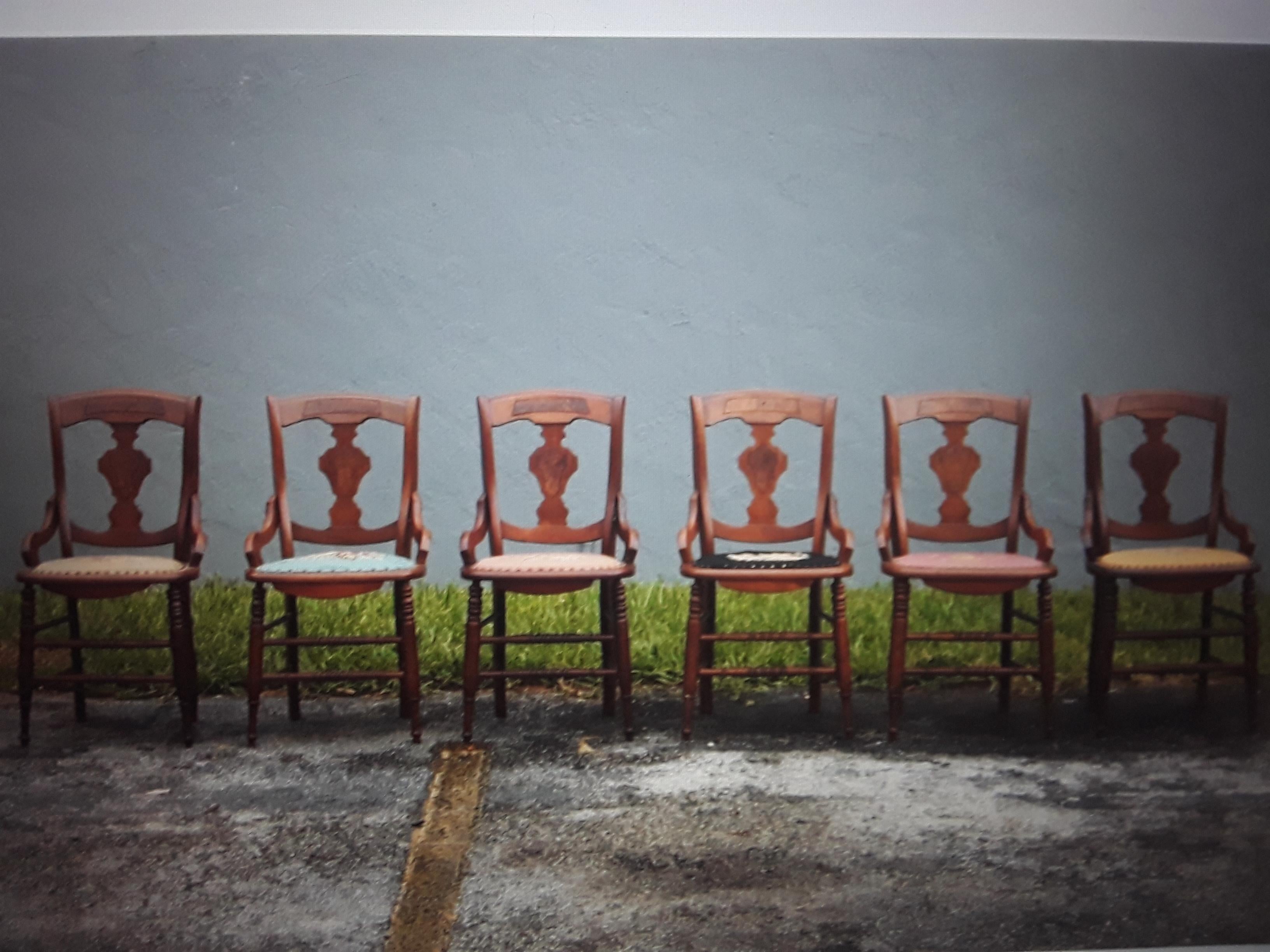 Set of 6 Exotic Burl Amboyne Inlay with Hand Stitched Seat - Dining Chairs For Sale 8