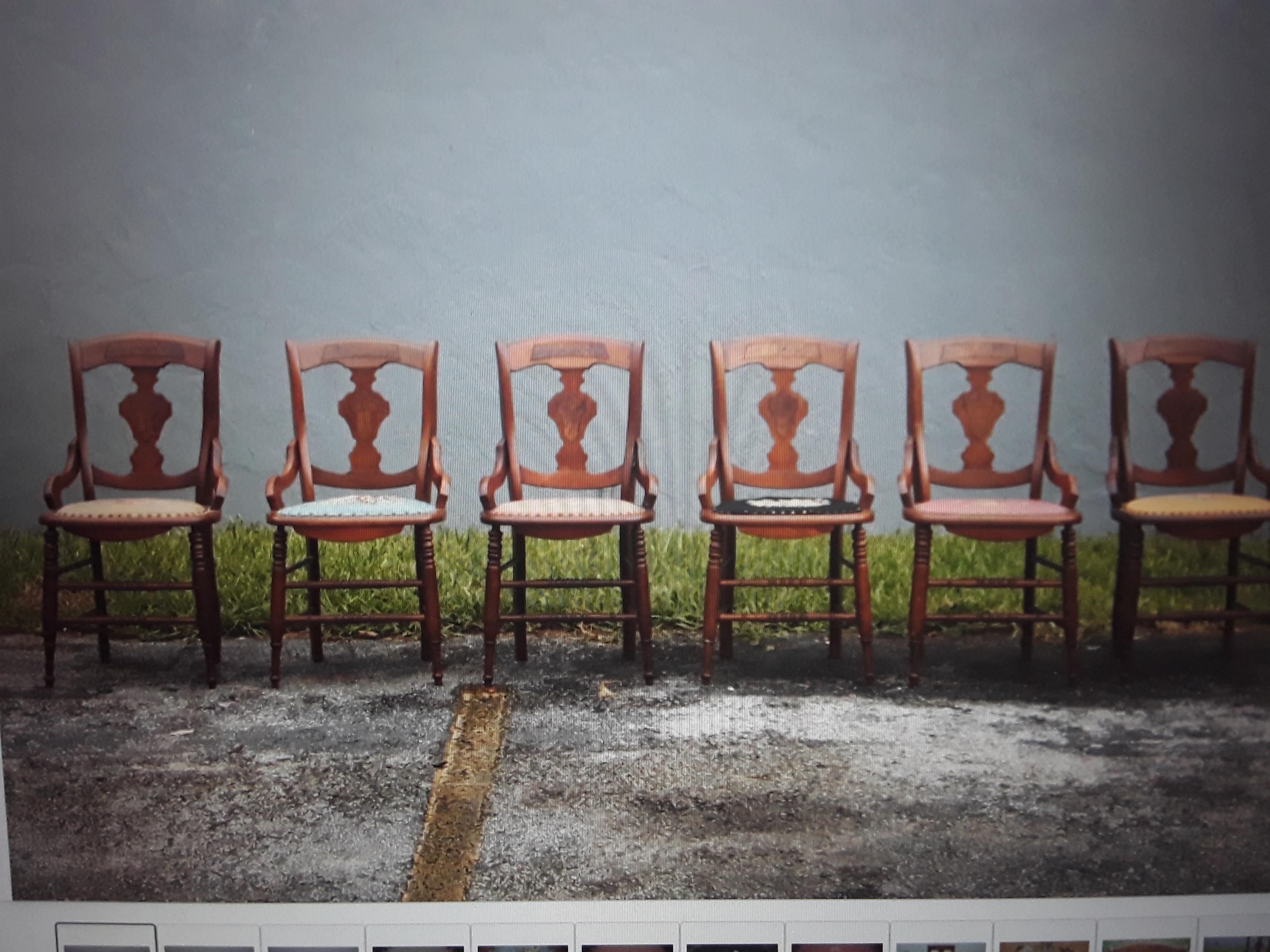 Ensemble de 6 chaises de salle à manger en broussin amboyne exotique incrusté avec siège cousu à la main en vente 9