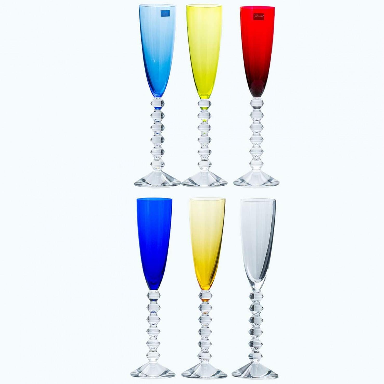 Set von 6 exquisiten, mehrfarbigen Baccarat-Flötenkristallgläsern aus Kristall, Frankreich im Angebot 3