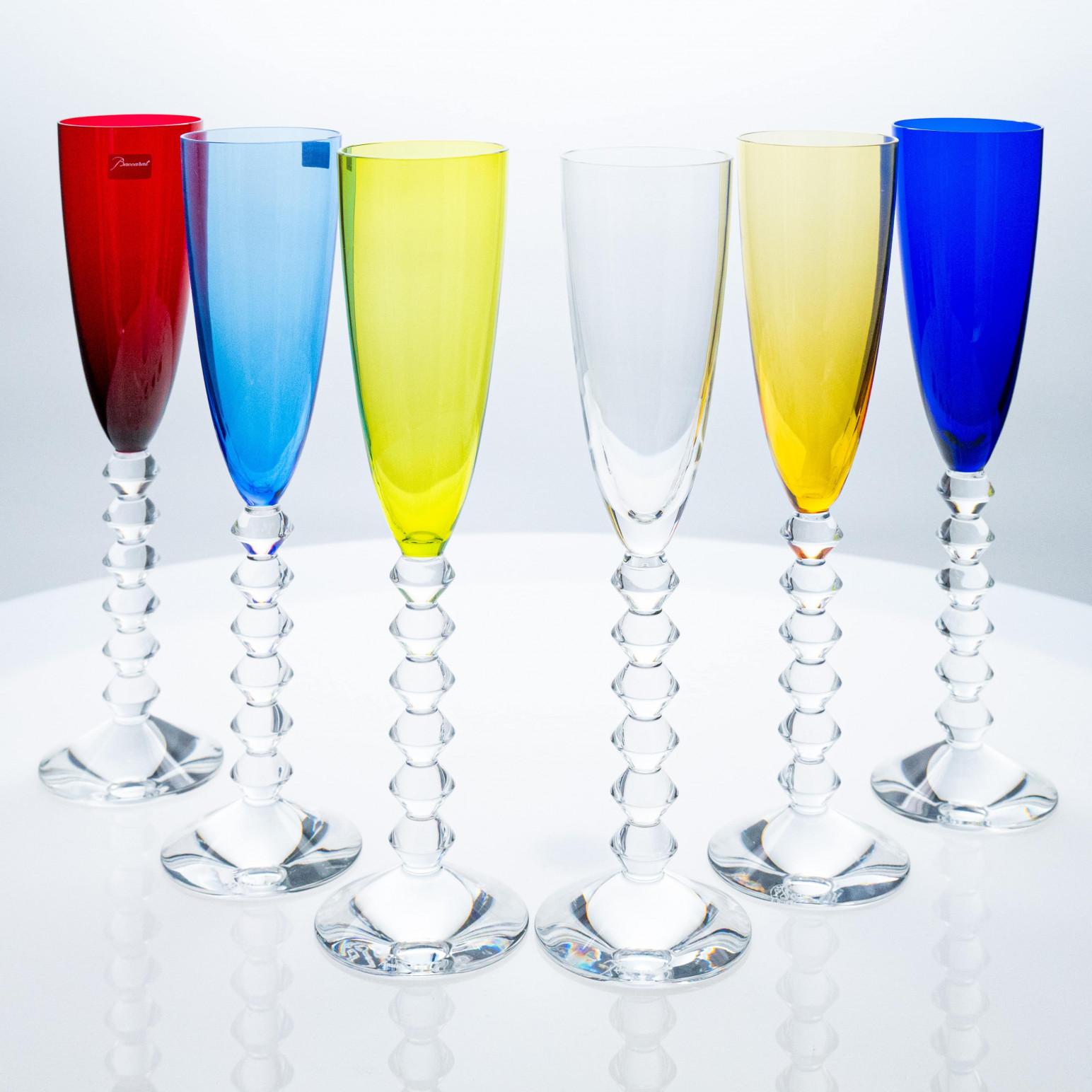 Set of 6 Exquise Multi Color Baccarat Flute Crystal glasses, France For Sale 1