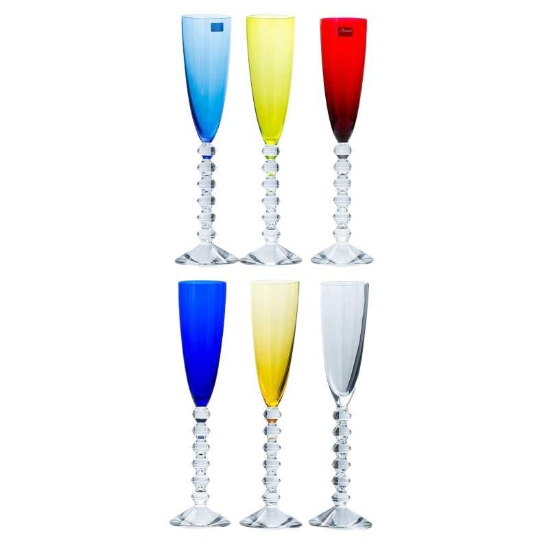 Set of 6 Exquise Multi Color Baccarat Flute Crystal glasses, France
