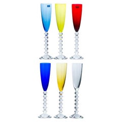 Set of 6 Exquise Multi Color Baccarat Flute Crystal glasses, France