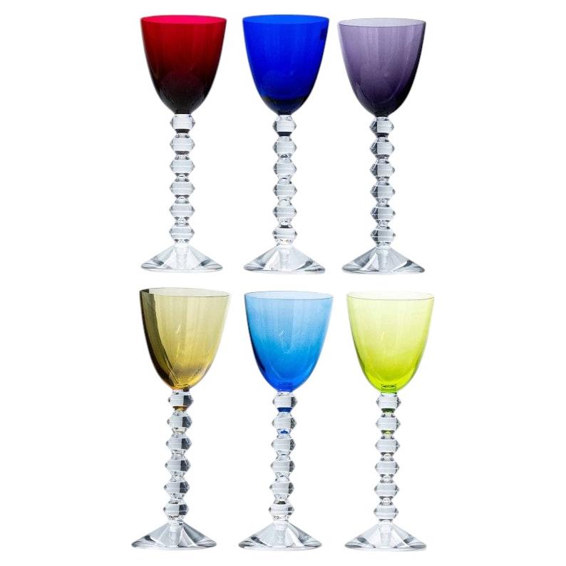 Set of 6 Exquise Multi Color Baccarat Wine Crystal glasses, France