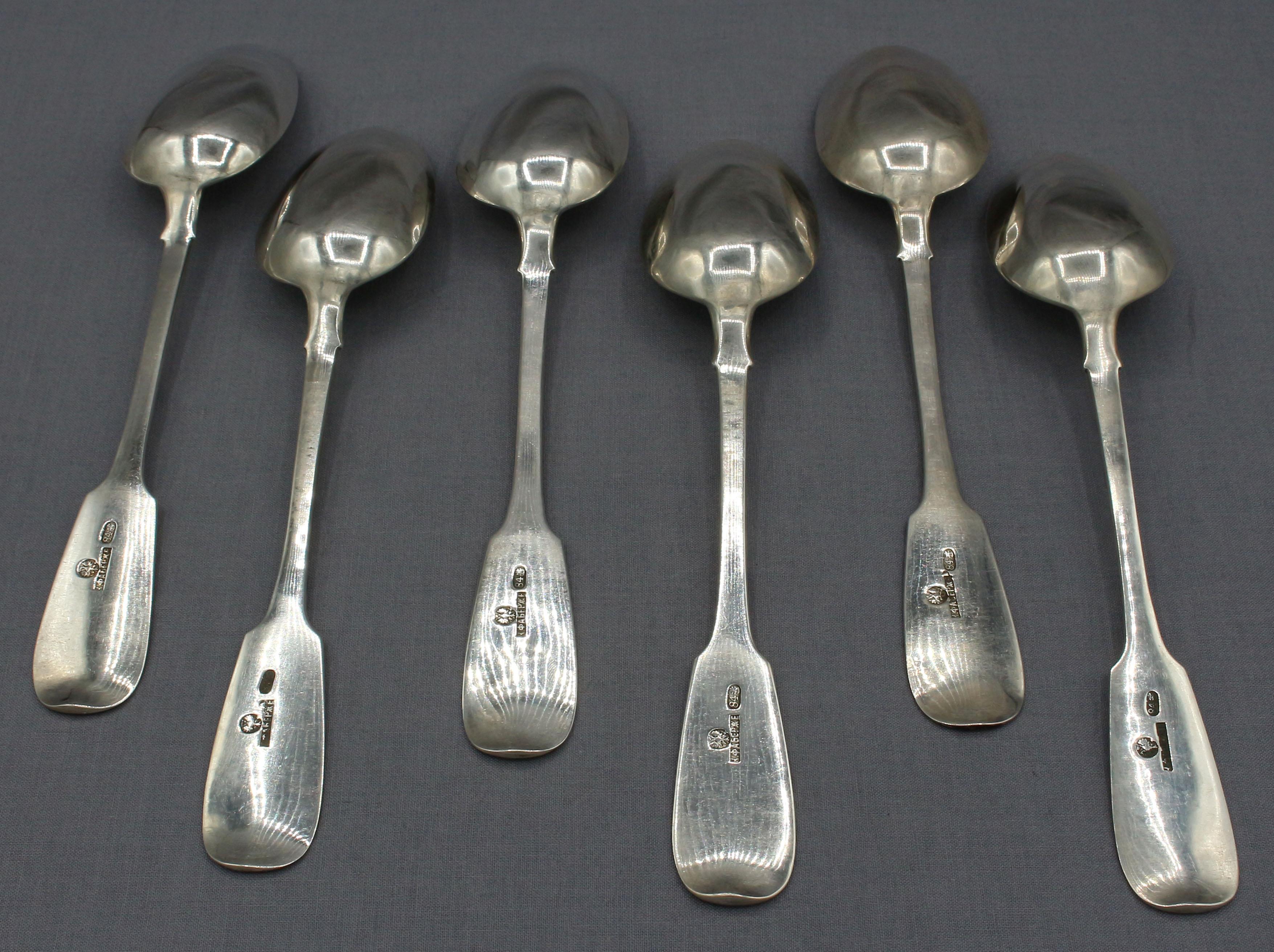 Set of 6 Faberge 84 zolotniks (.875) standard silver tablespoons, circa 1880. A splendid set, marks for their Moscow store. The Imperial Warrant double-headed eagle also is clear on each piece above Faberge's name. Fiddleback pattern popular from